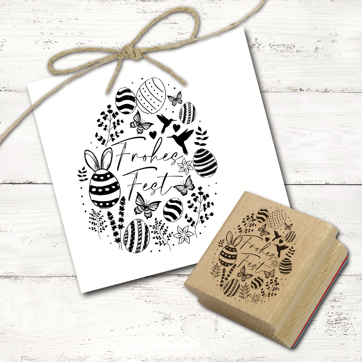 Motivstempel Ostern Frohes Fest - Osterei mit Ostermotiven Stempel Holzstempel 38 x 48 mm