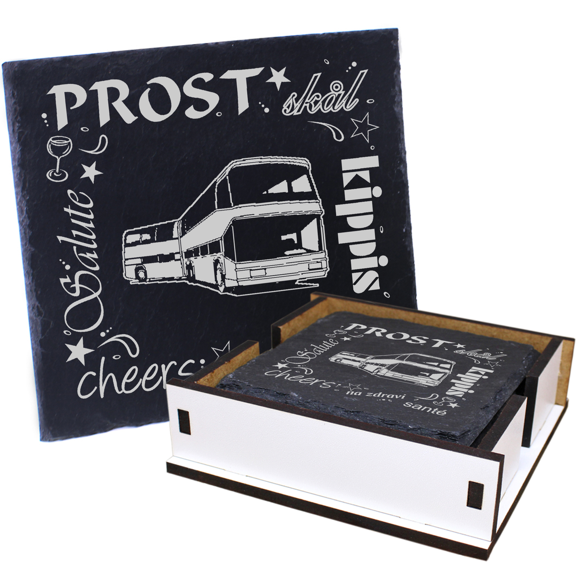 5 x Schiefer Untersetzer - Prost Schlenkibus - inkl. Holzbox & Flaschenuntersetzer