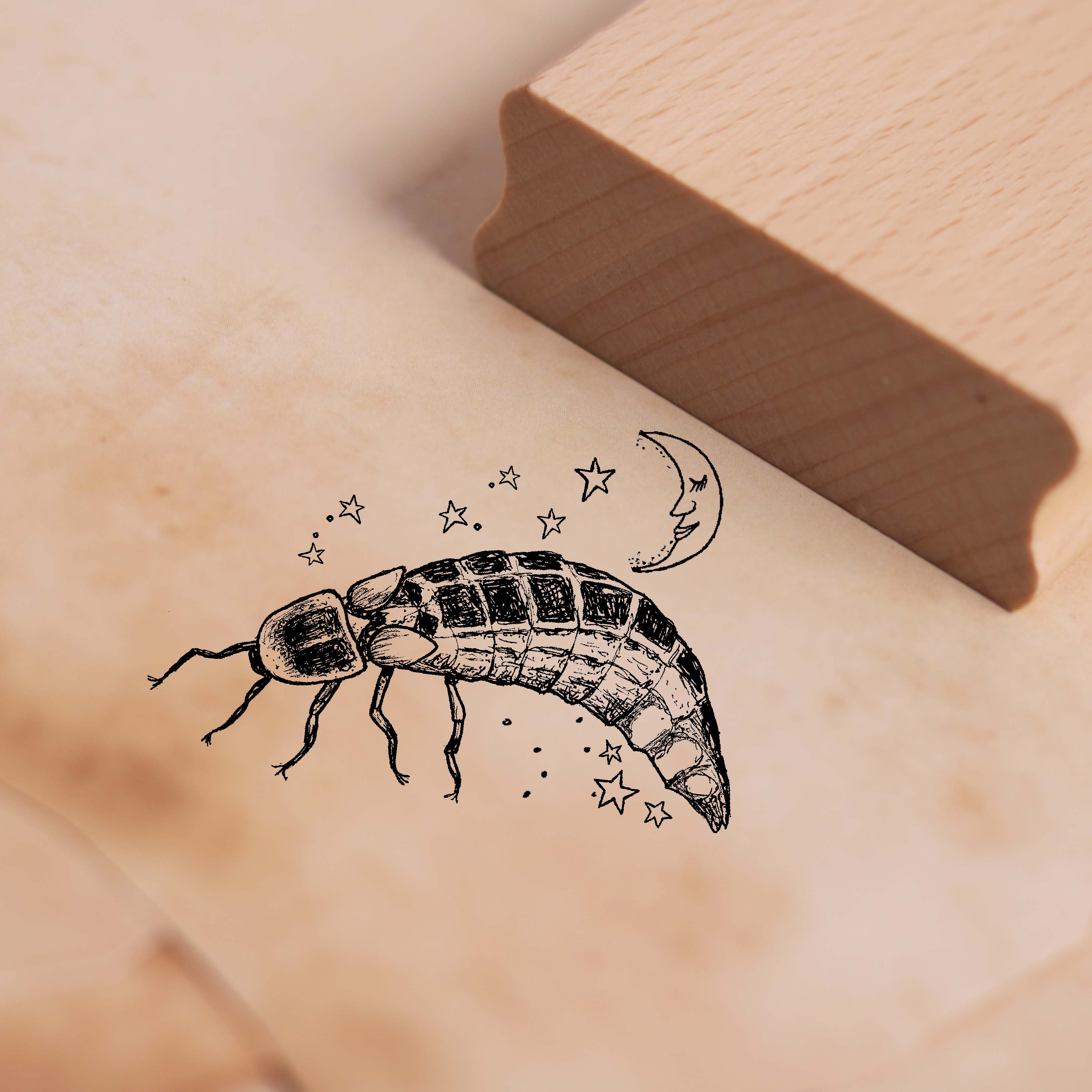 Motivstempel Glühwürmchen mit Mond und Sterne - Stempel Holzstempel 58 x 38 mm