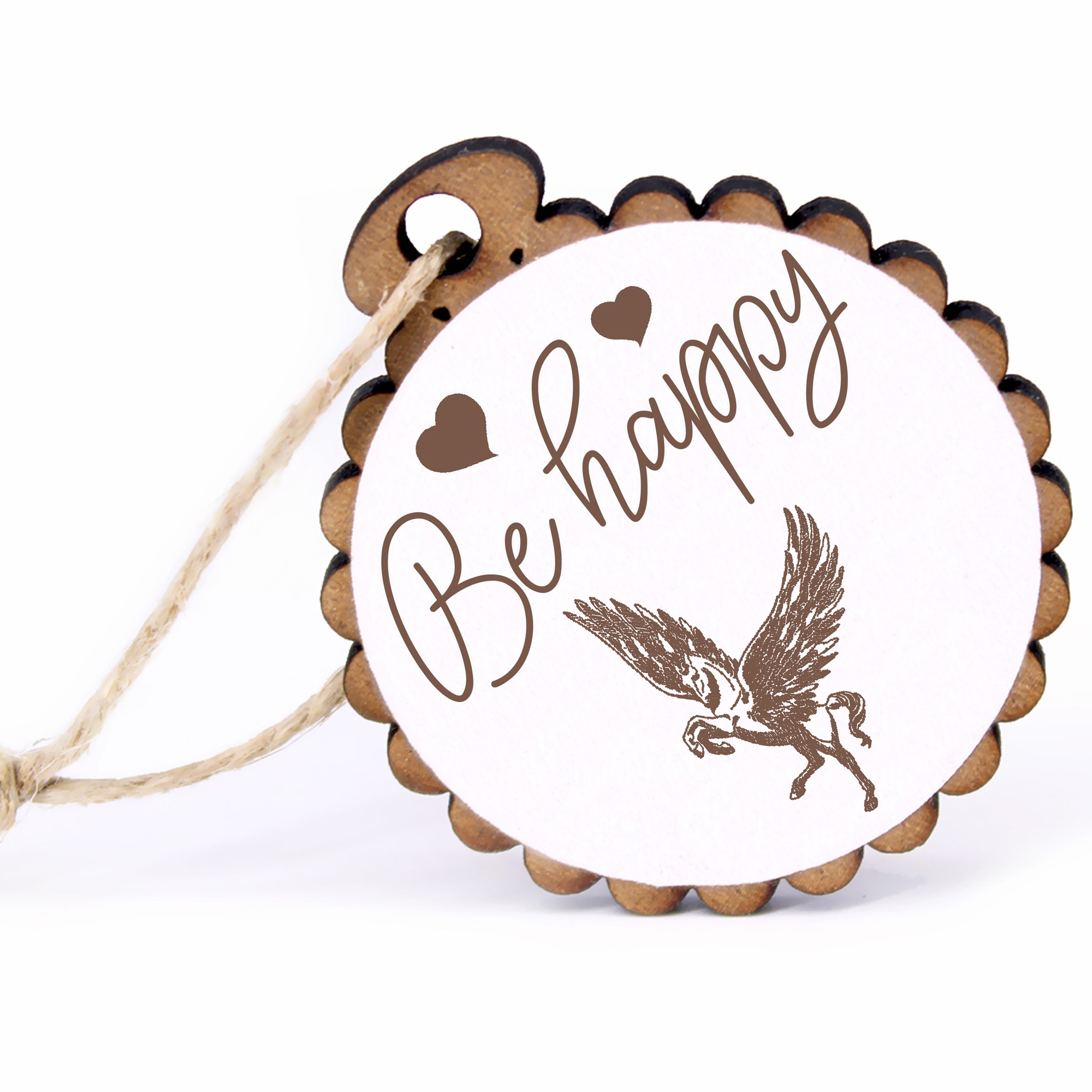 Geschenkanhänger - Be Happy Pegasus -  Holz Ø-5cm - mit Juteband