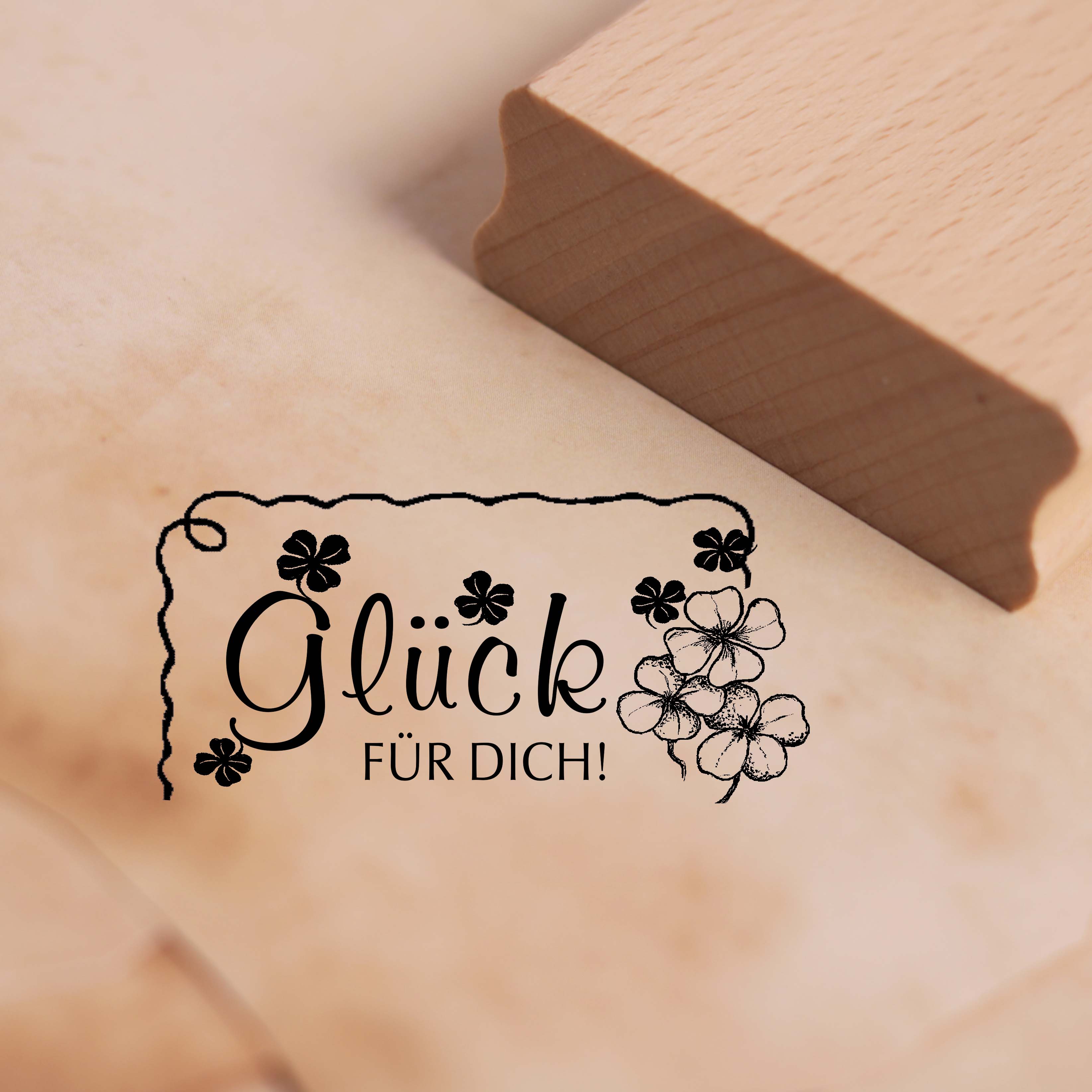 Motivstempel Glück für dich - Kleeblatt Etikett - Stempel Holzstempel 58 x 28 mm