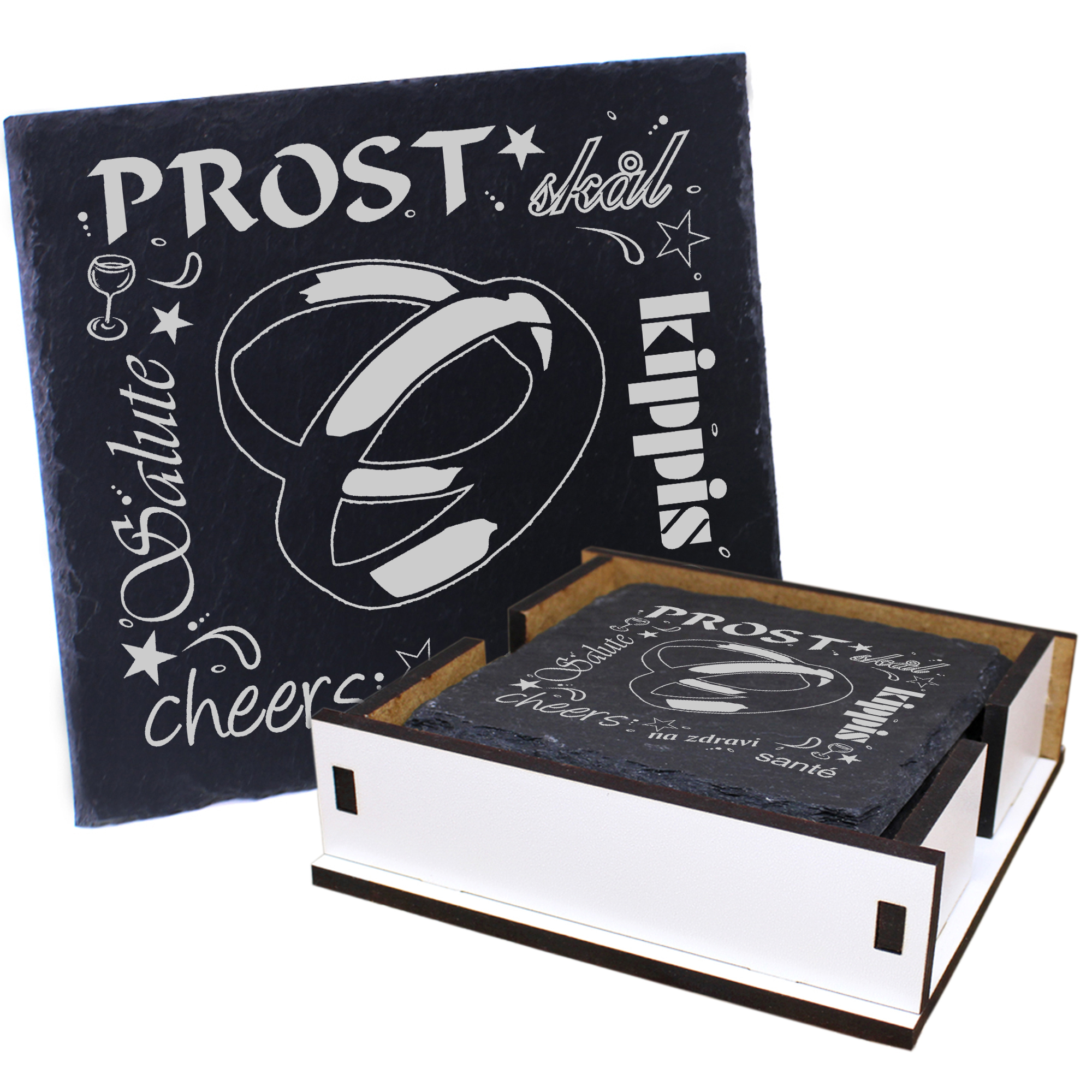 5 x Schiefer Untersetzer - Prost Eheringe - inkl. Holzbox & Flaschenuntersetzer