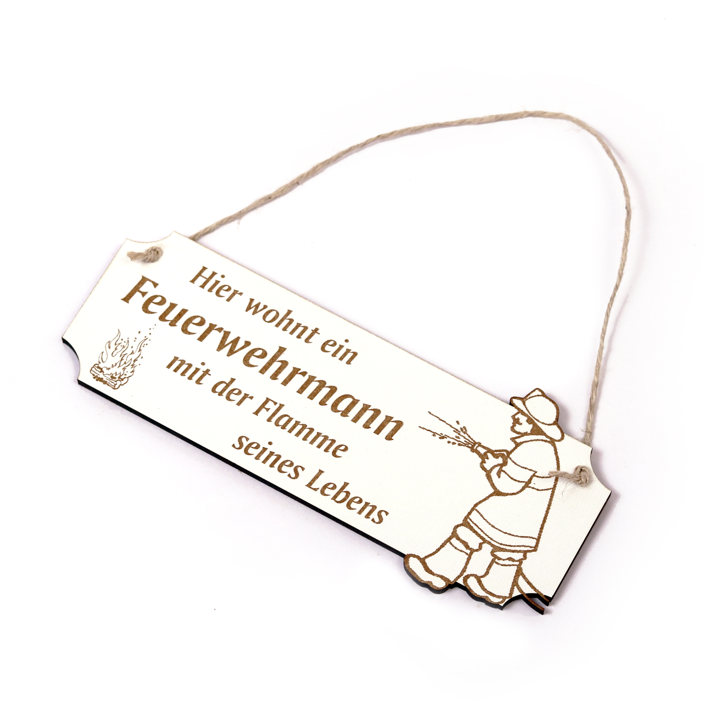 Schild Hier wohnt ein Feuerwehrmann - Türschild Flamme - ca. 19,5 x 8 cm