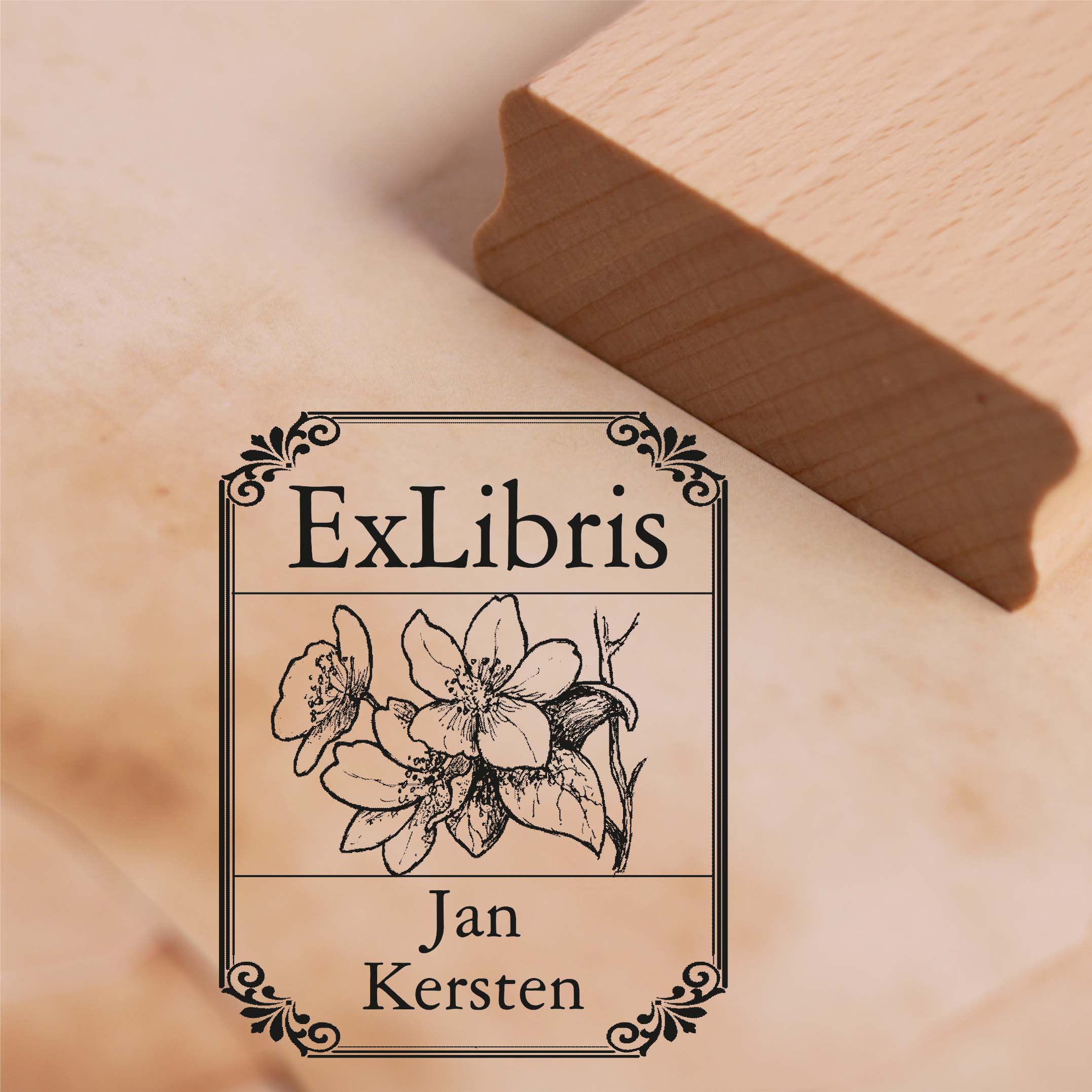 Ex Libris Stempel Jasmin mit Name - Vintage Rahmen - Exlibris Motivstempel 38 x 48 mm