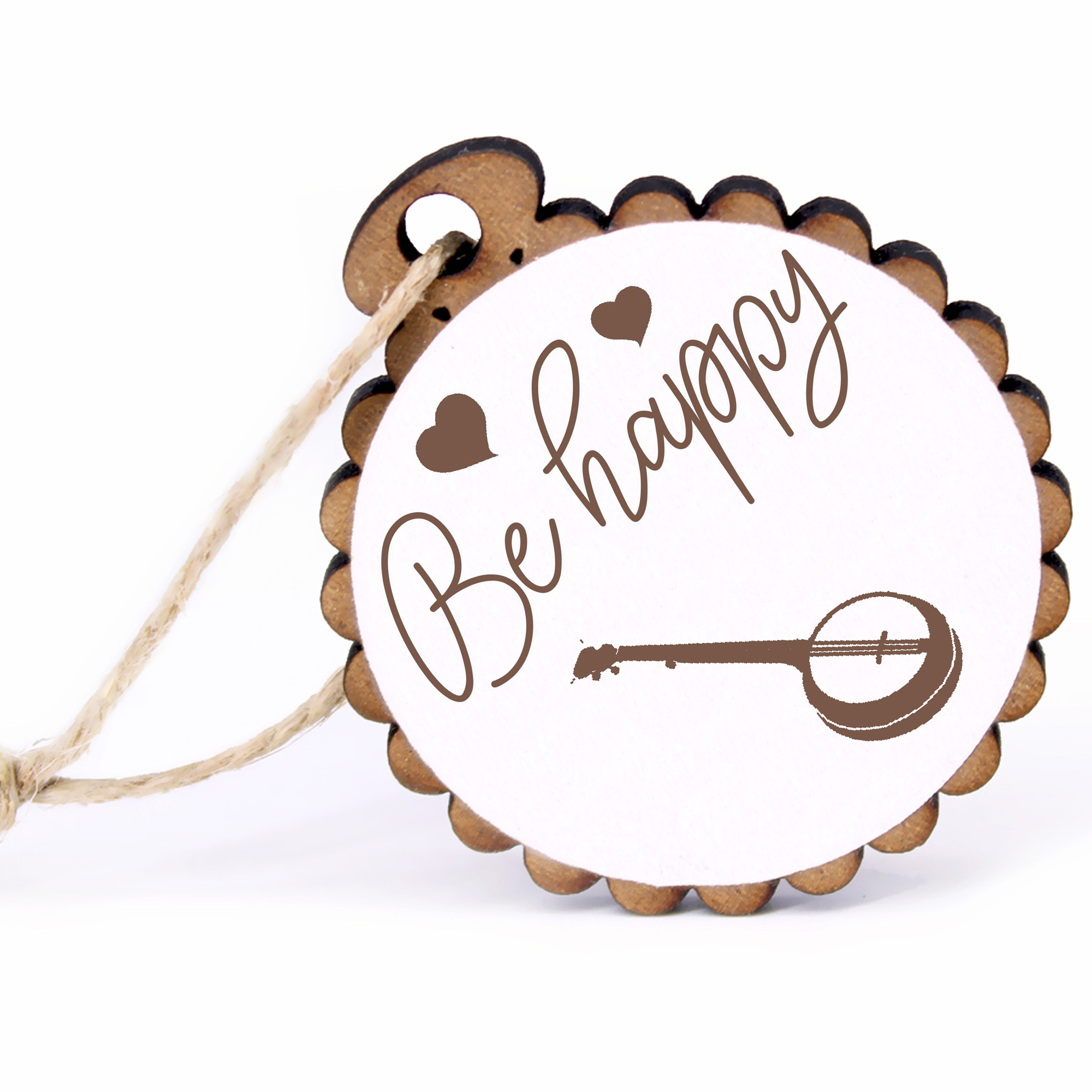 Geschenkanhänger - Be Happy Banjo -  Holz Ø-5cm - mit Juteband