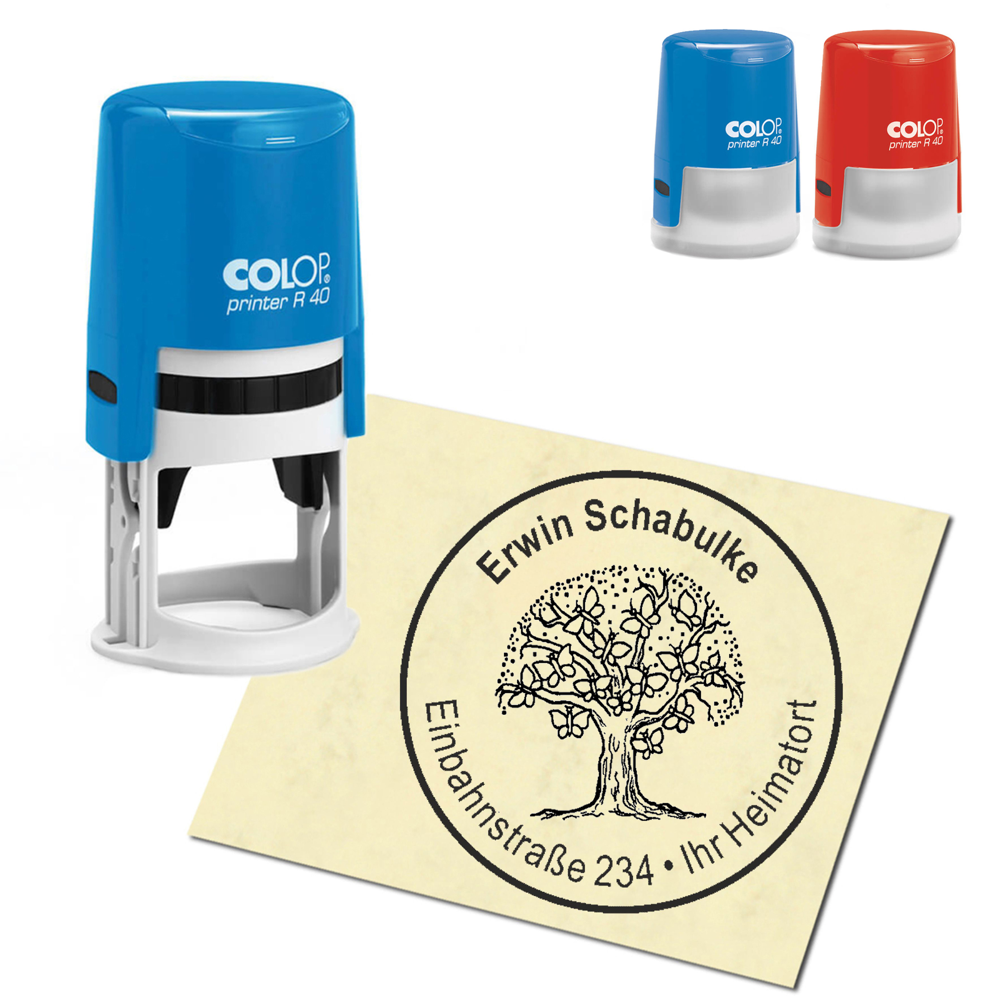 Stempel Adressstempel personalisiert - Baum aus Schmetterlingen - rund &empty; 40mm