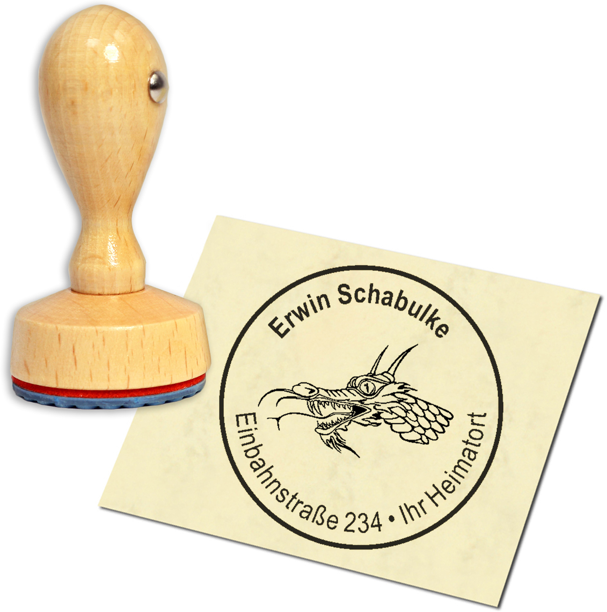 Stempel Adressstempel Holzstempel - Drachenkopf - rund 40mm