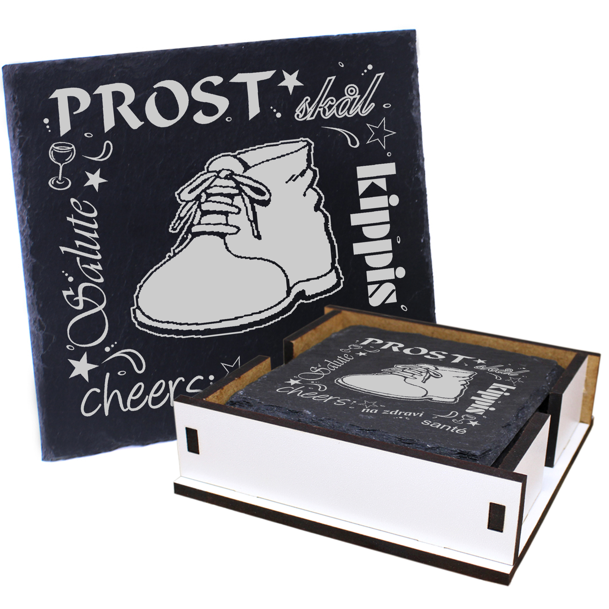 5 x Schiefer Untersetzer - Prost Schuh - inkl. Holzbox & Flaschenuntersetzer