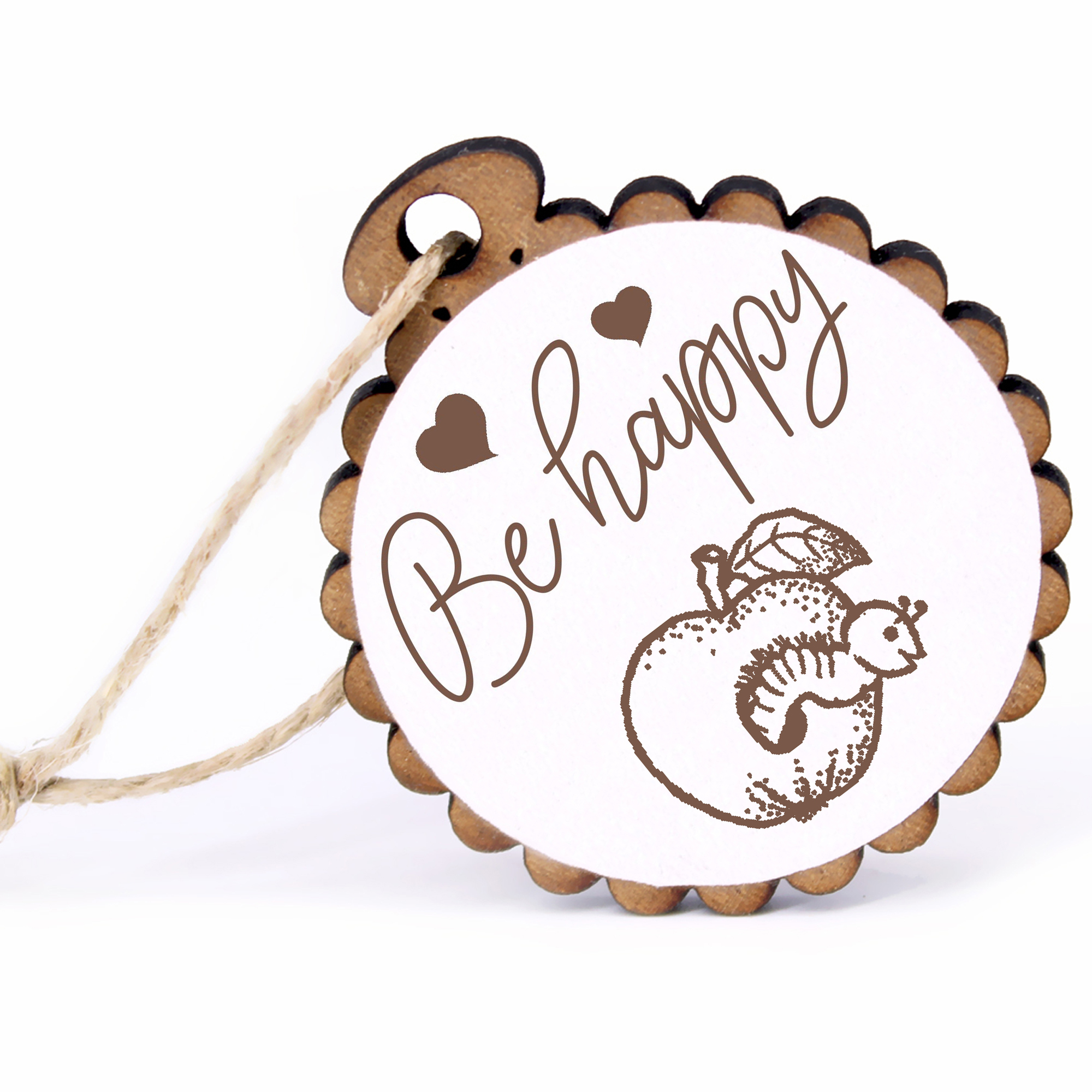 Geschenkanhänger - Be Happy Apfel mit Wurm -  Holz Ø-5cm - mit Juteband