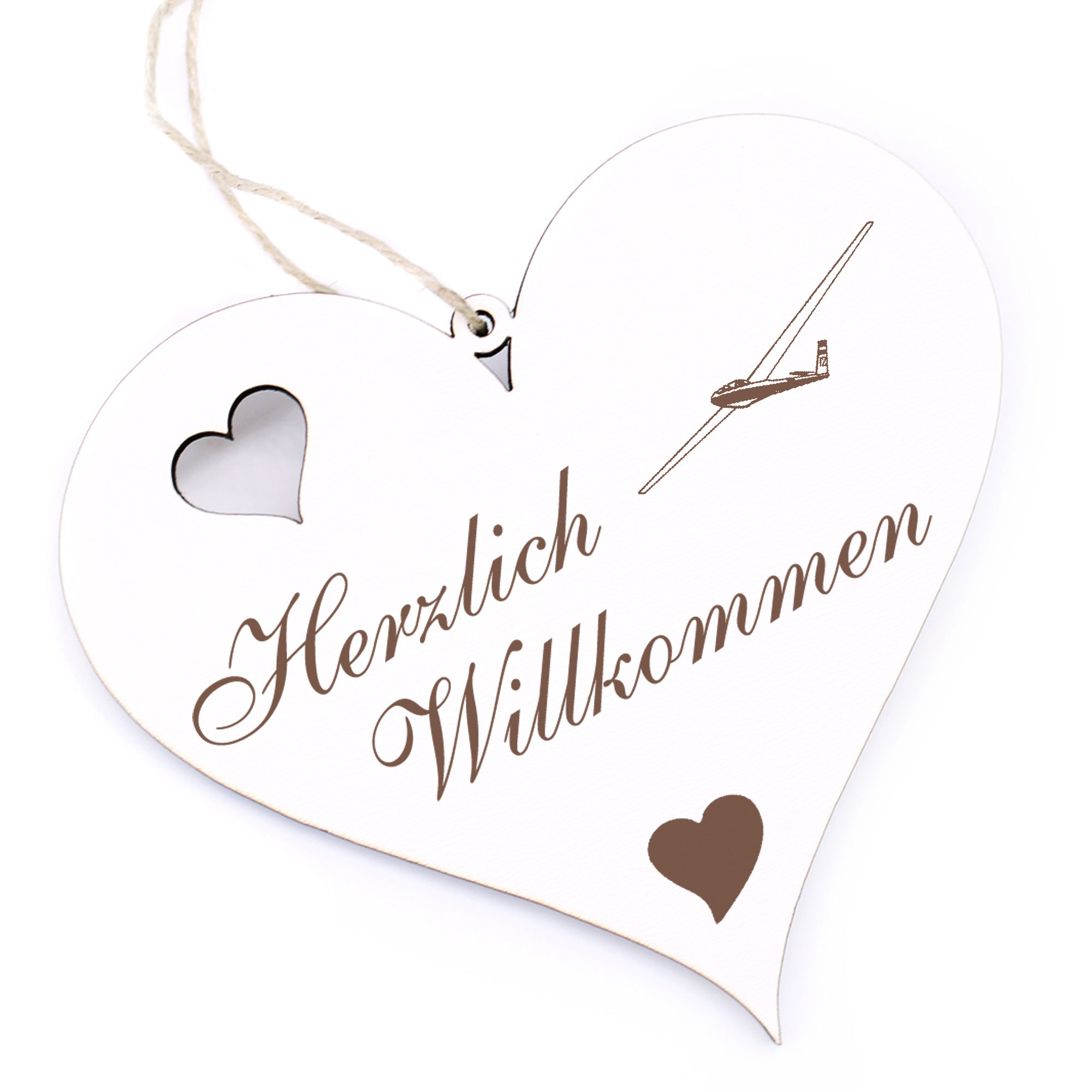 Herzlich Willkommen Schild - Segelflugzeug - Deko Herz Holz