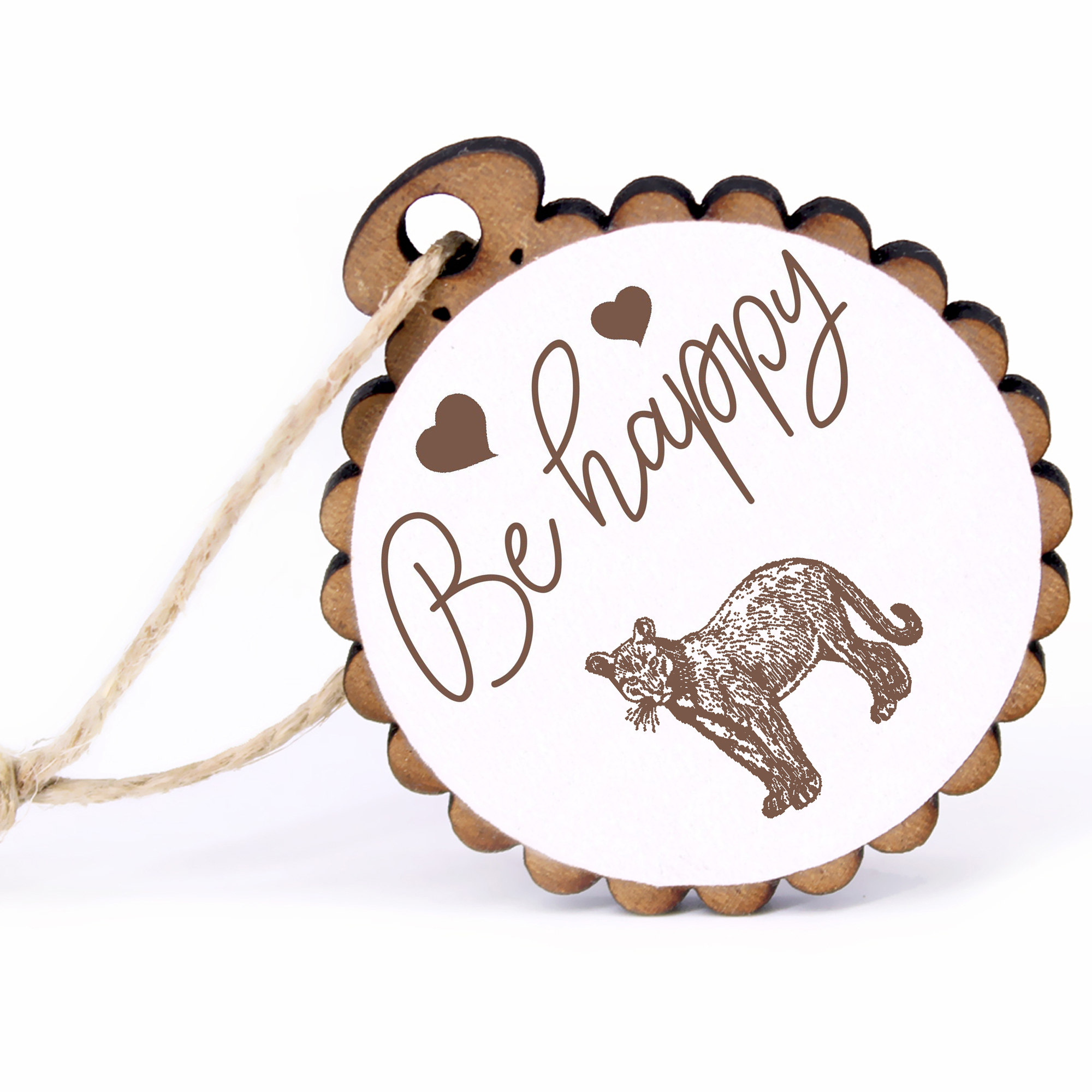 Geschenkanhänger - Be Happy Puma -  Holz Ø-5cm - mit Juteband