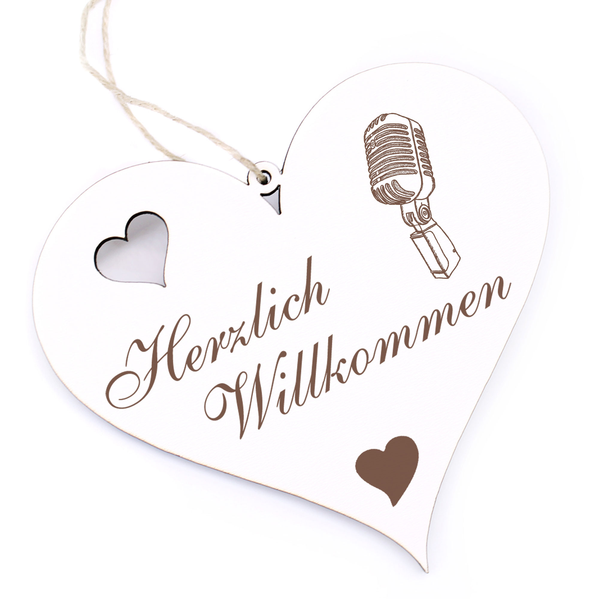 Herzlich Willkommen Schild - Mikrofon - Deko Herz Holz