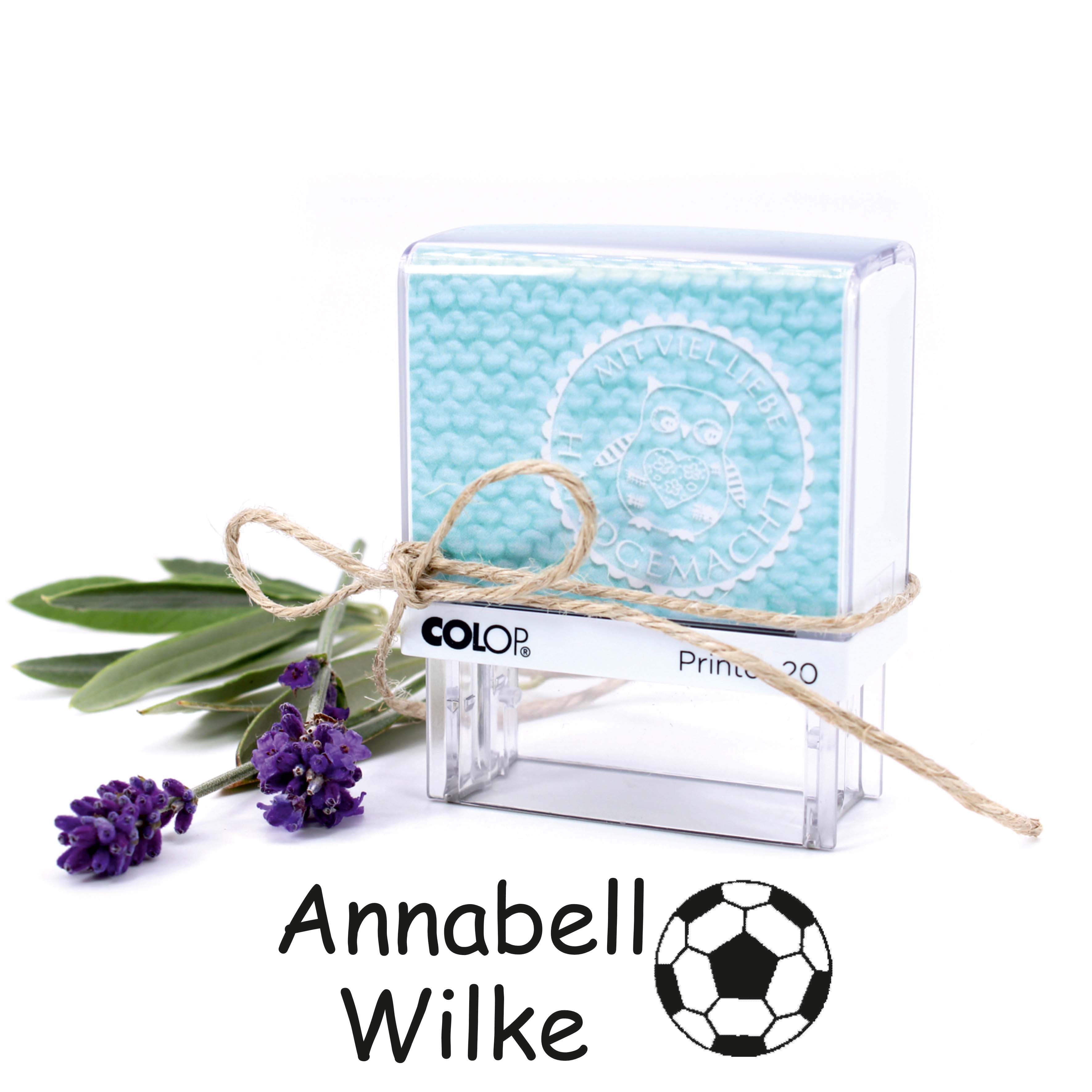 Textilstempel Fußball - personalisierter Automatikstempel mit Namen - für Textilien Kleidung 38x14mm