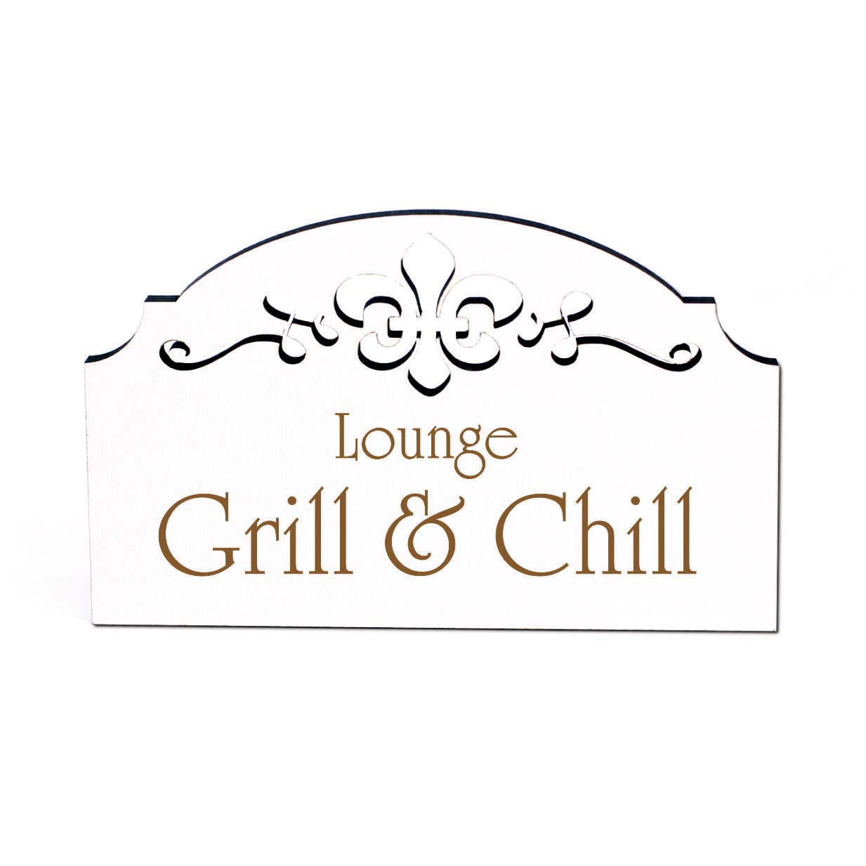 Grill & Chill Lounge Schild Holz graviert Ornamente selbstklebend Grillplatz Dekoschild 15,5 x 9,5