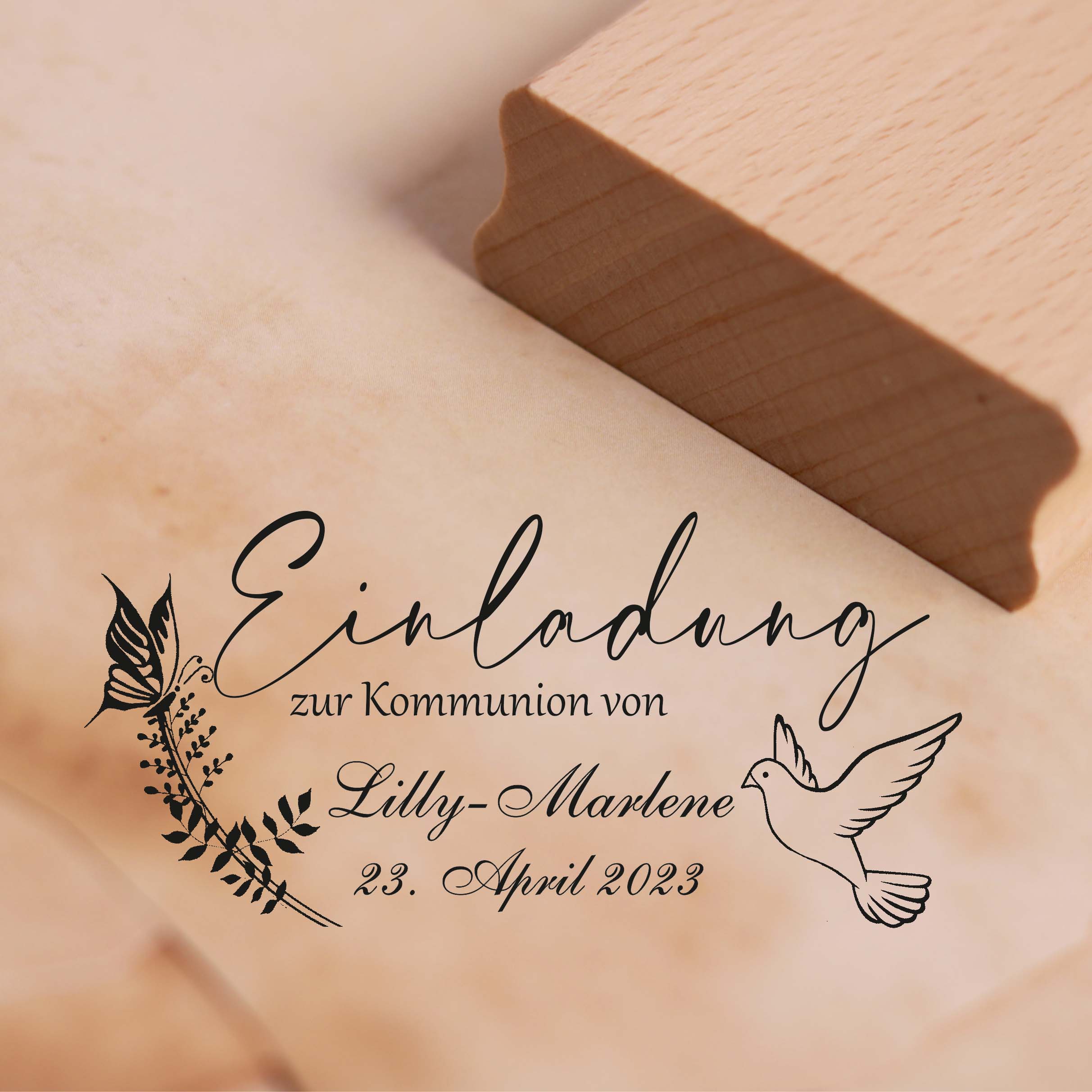 Stempel Einladung zur Kommunion von - mit Name und Datum - Taube Schmetterling 58x28mm