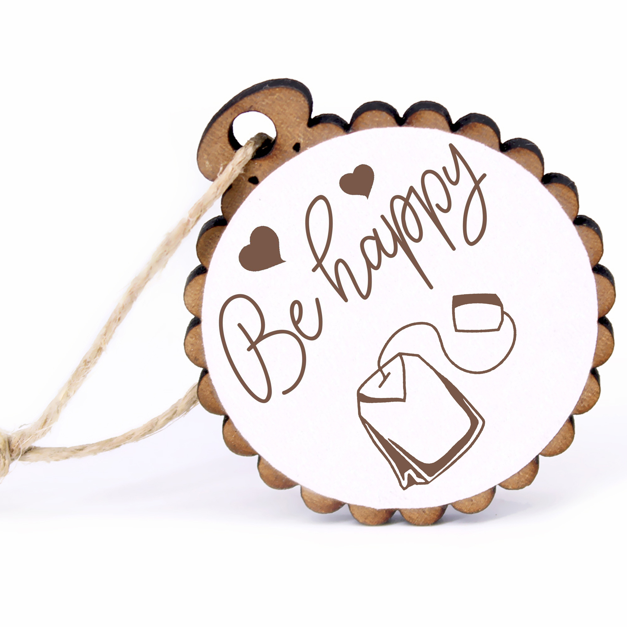 Geschenkanhänger - Be Happy Teebeutel -  Holz Ø-5cm - mit Juteband