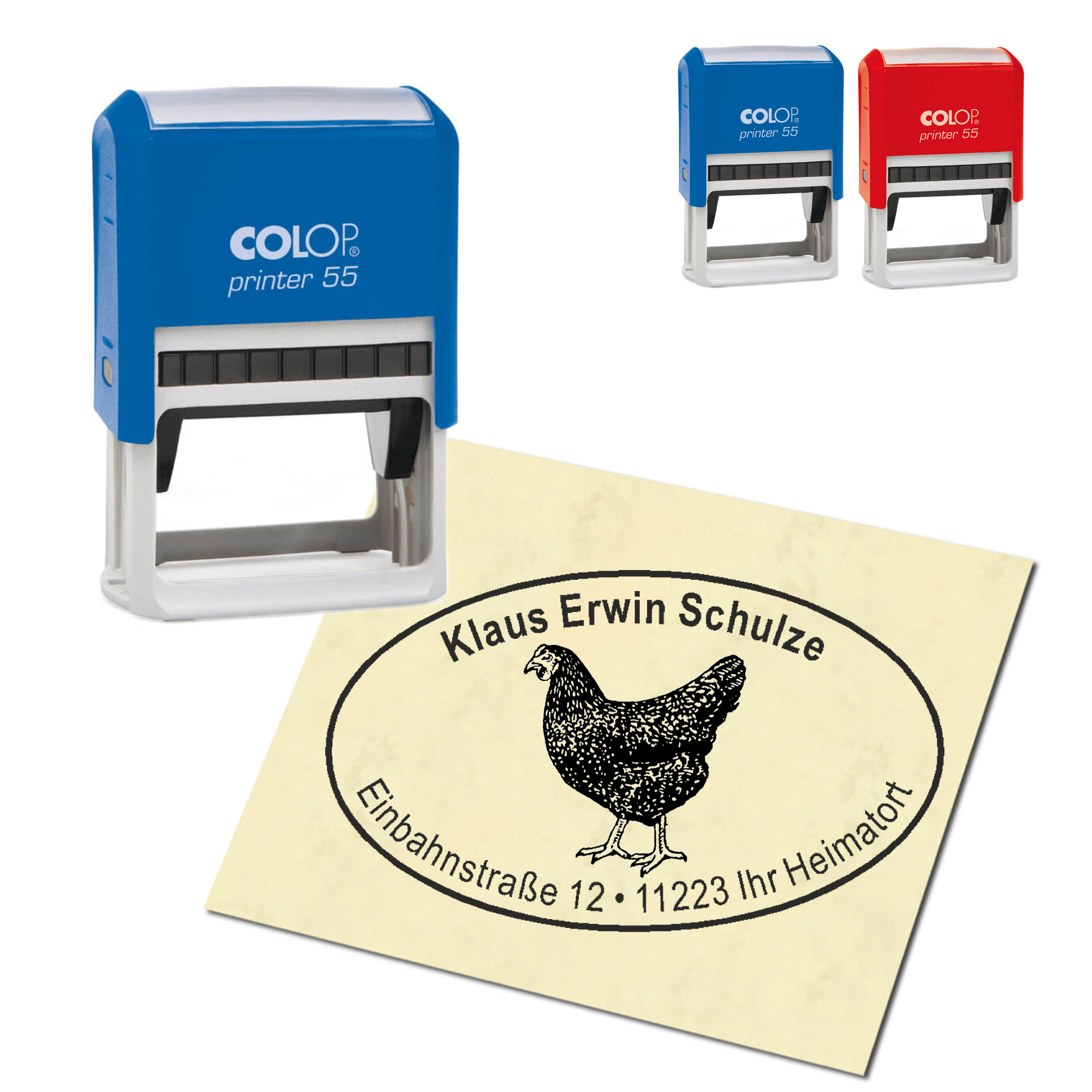 Adressstempel personalisiert Stempel - dunkles Huhn - oval 59 x 39 mm