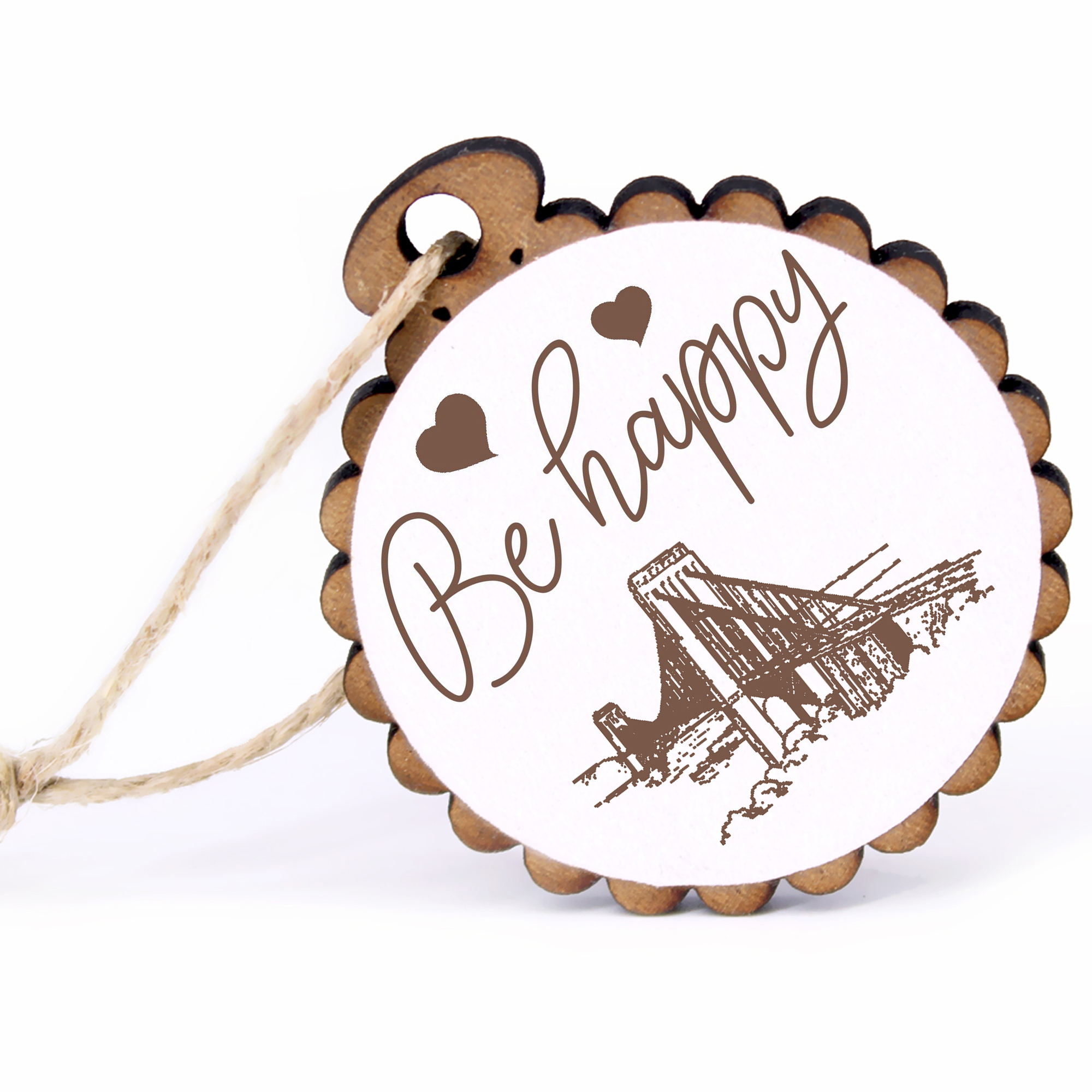 Geschenkanhänger - Be Happy Golden Gate Bridge San Francisco -  Holz Ø-5cm - mit Juteband