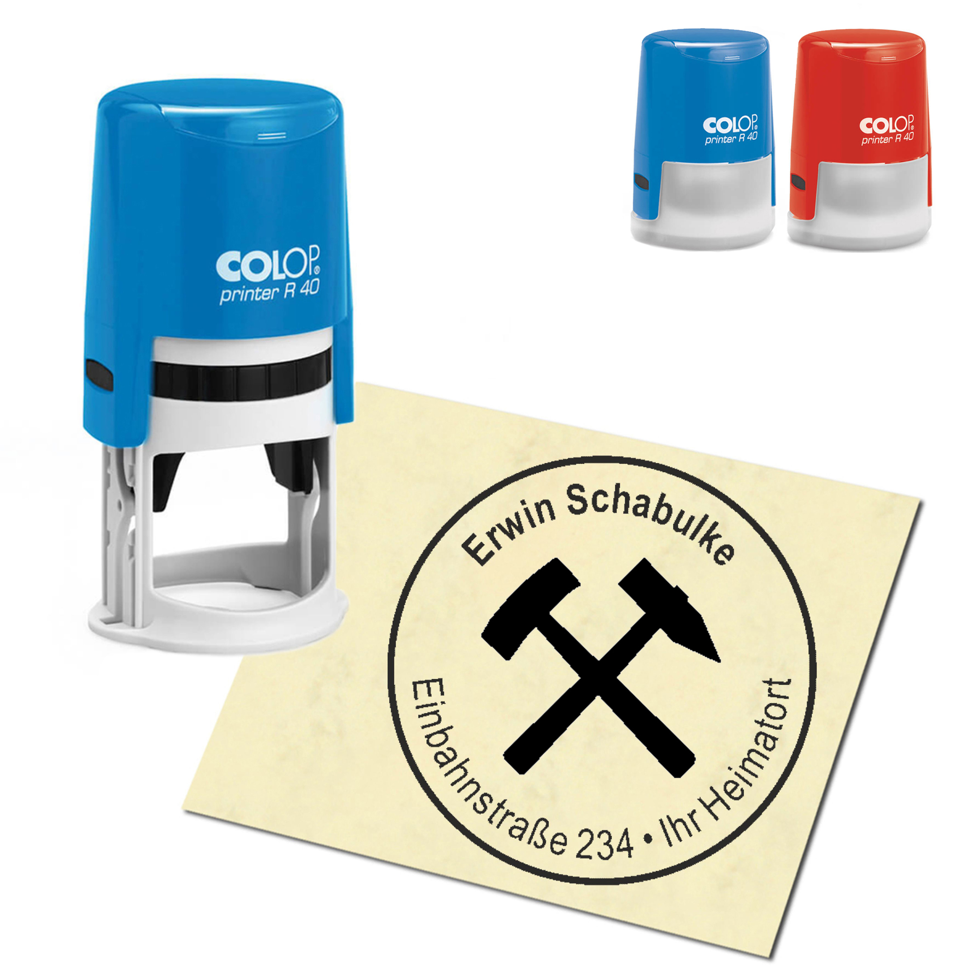 Stempel Adressstempel personalisiert - Bergbau Bergmann Zeichen - rund &empty; 40mm
