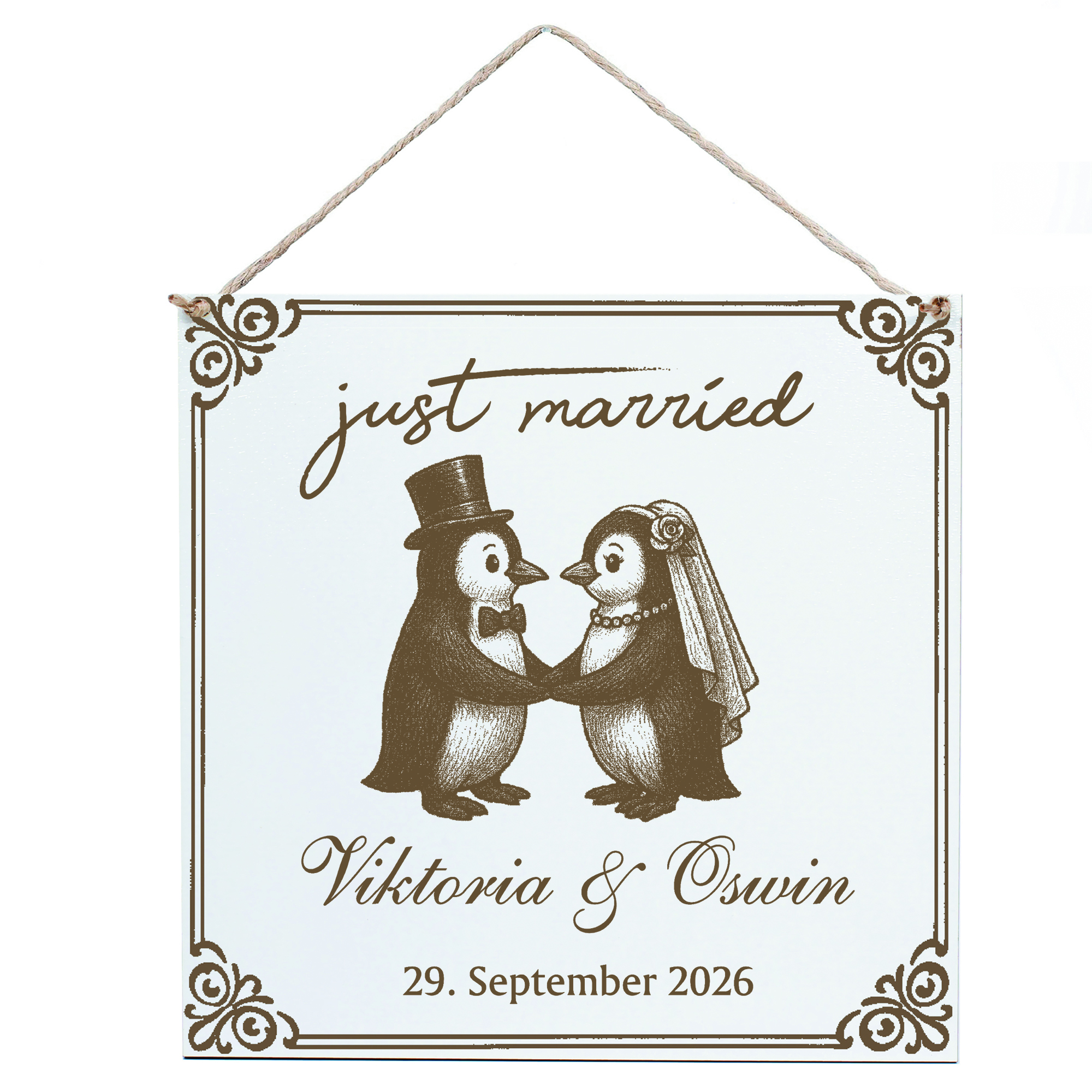 Dekoschild „Just Married“ – Pinguinpaar mit Zylinder, Fliege, Schleier & Perlenkette – personalisiert mit 2 Namen & Datum