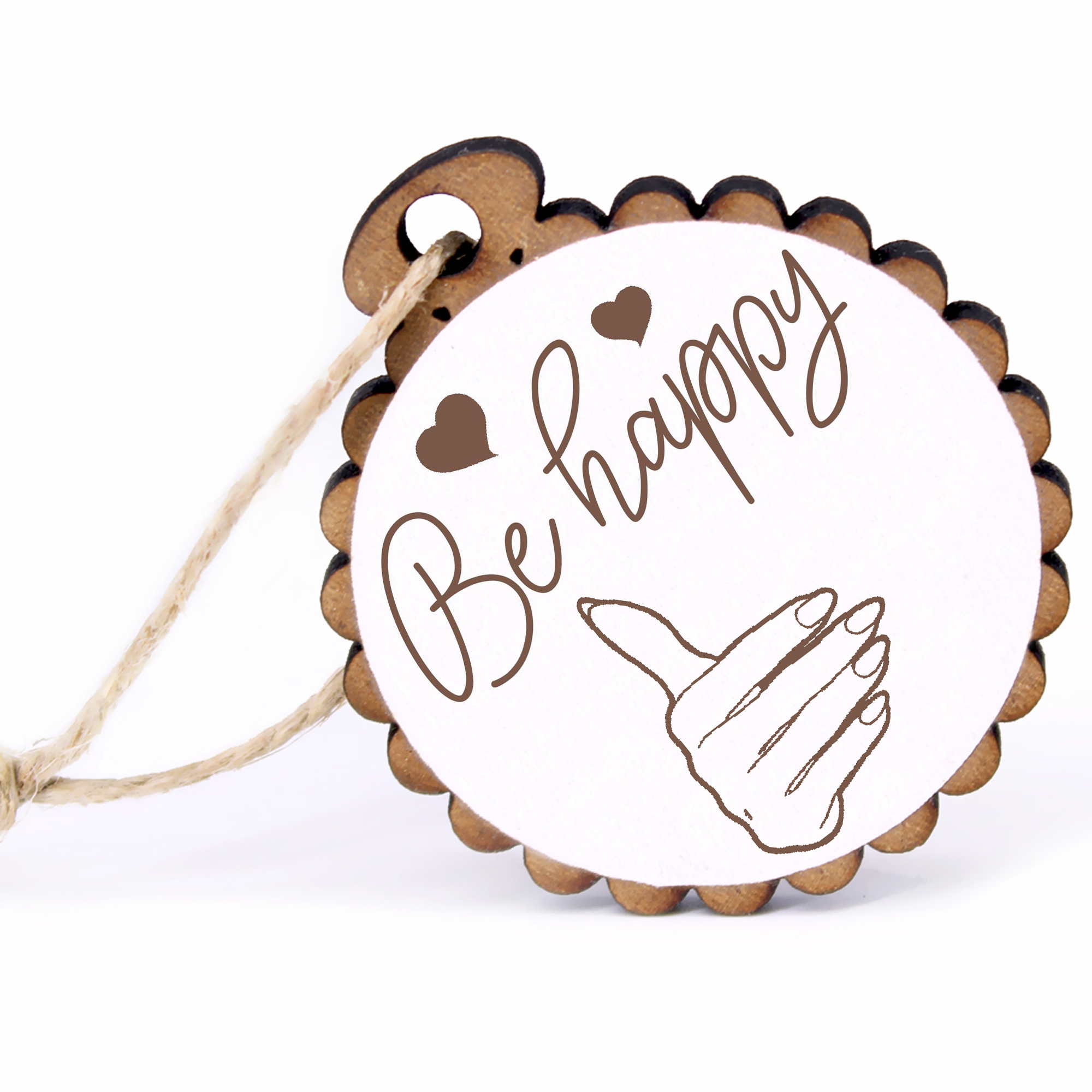 Geschenkanhänger - Be Happy Hand -  Holz Ø-5cm - mit Juteband