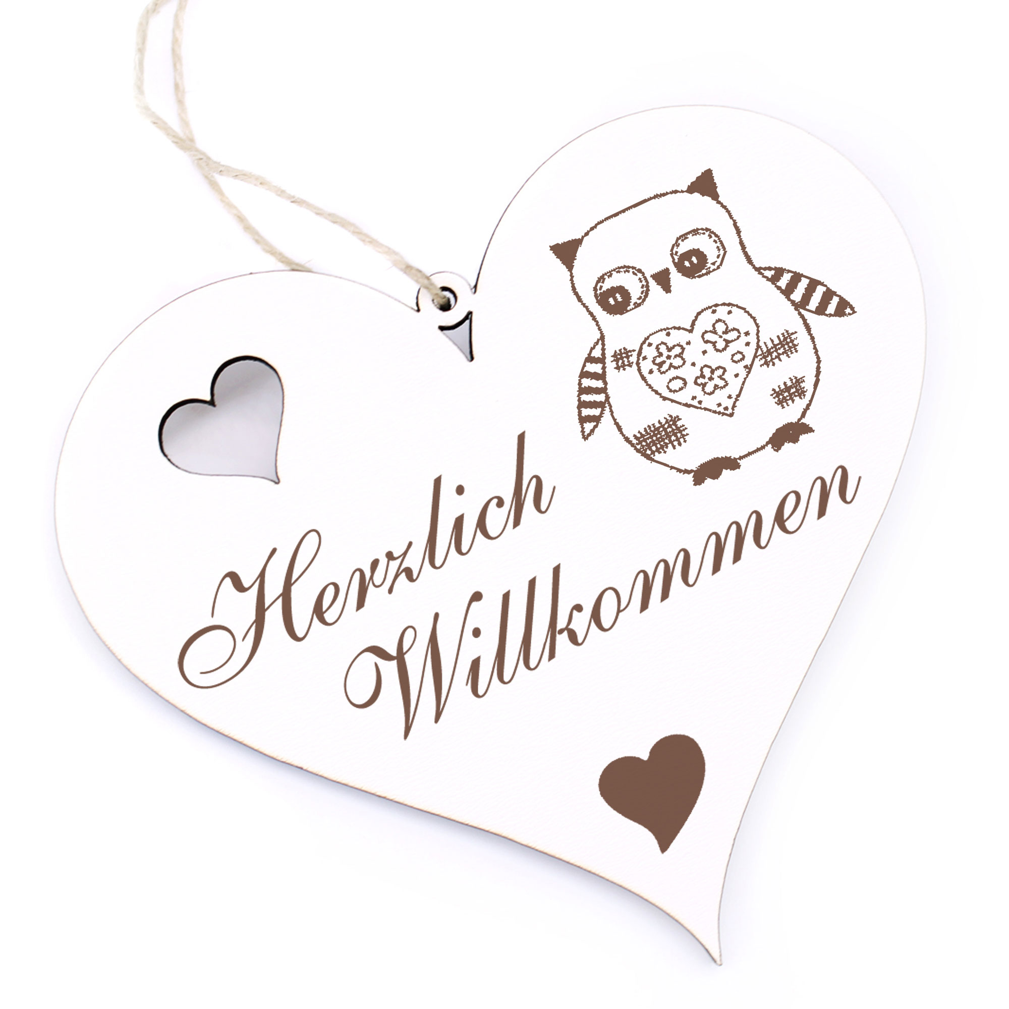 Herzlich Willkommen Schild - Eule Vintage - Deko Herz Holz