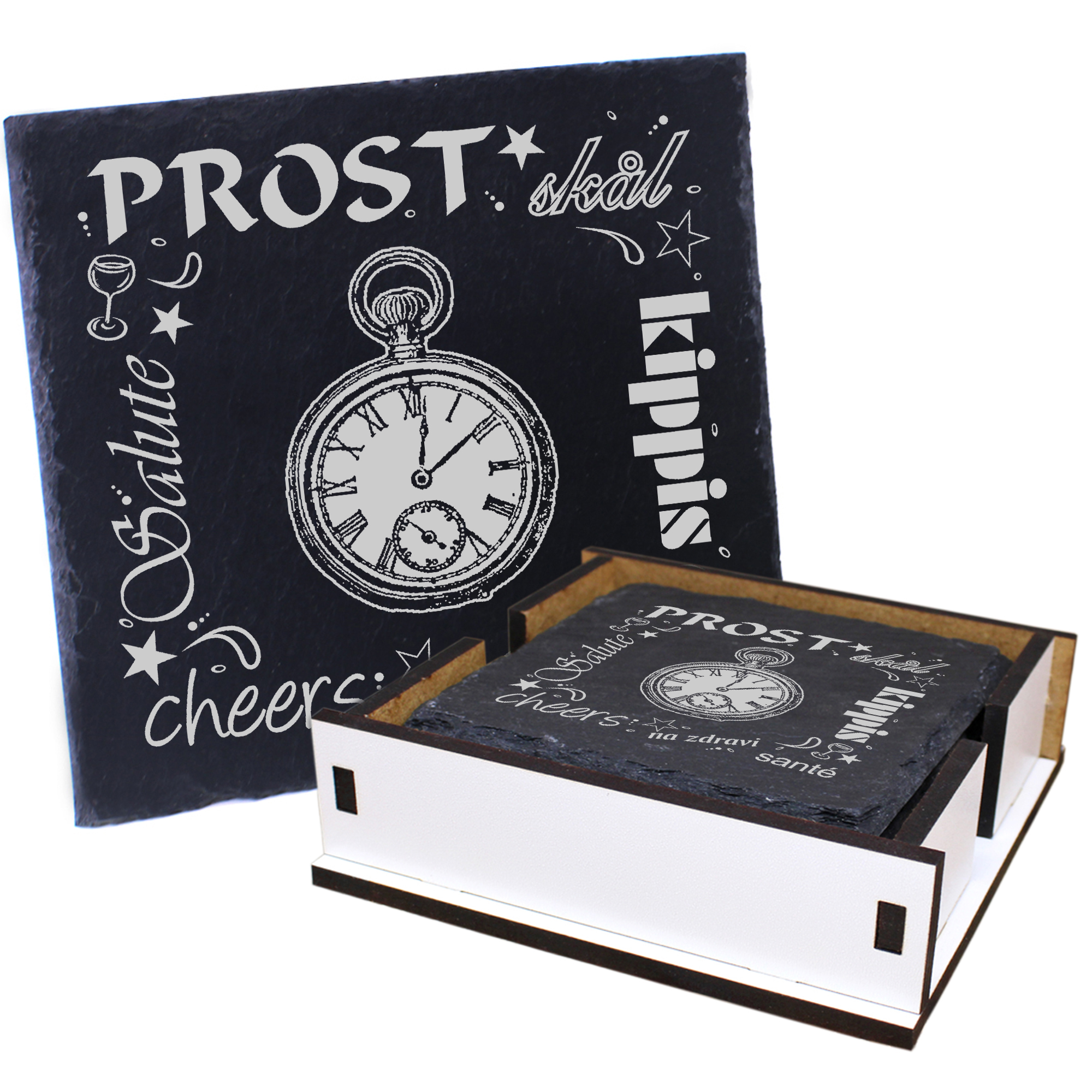 5 x Schiefer Untersetzer - Prost Taschenuhr - inkl. Holzbox & Flaschenuntersetzer