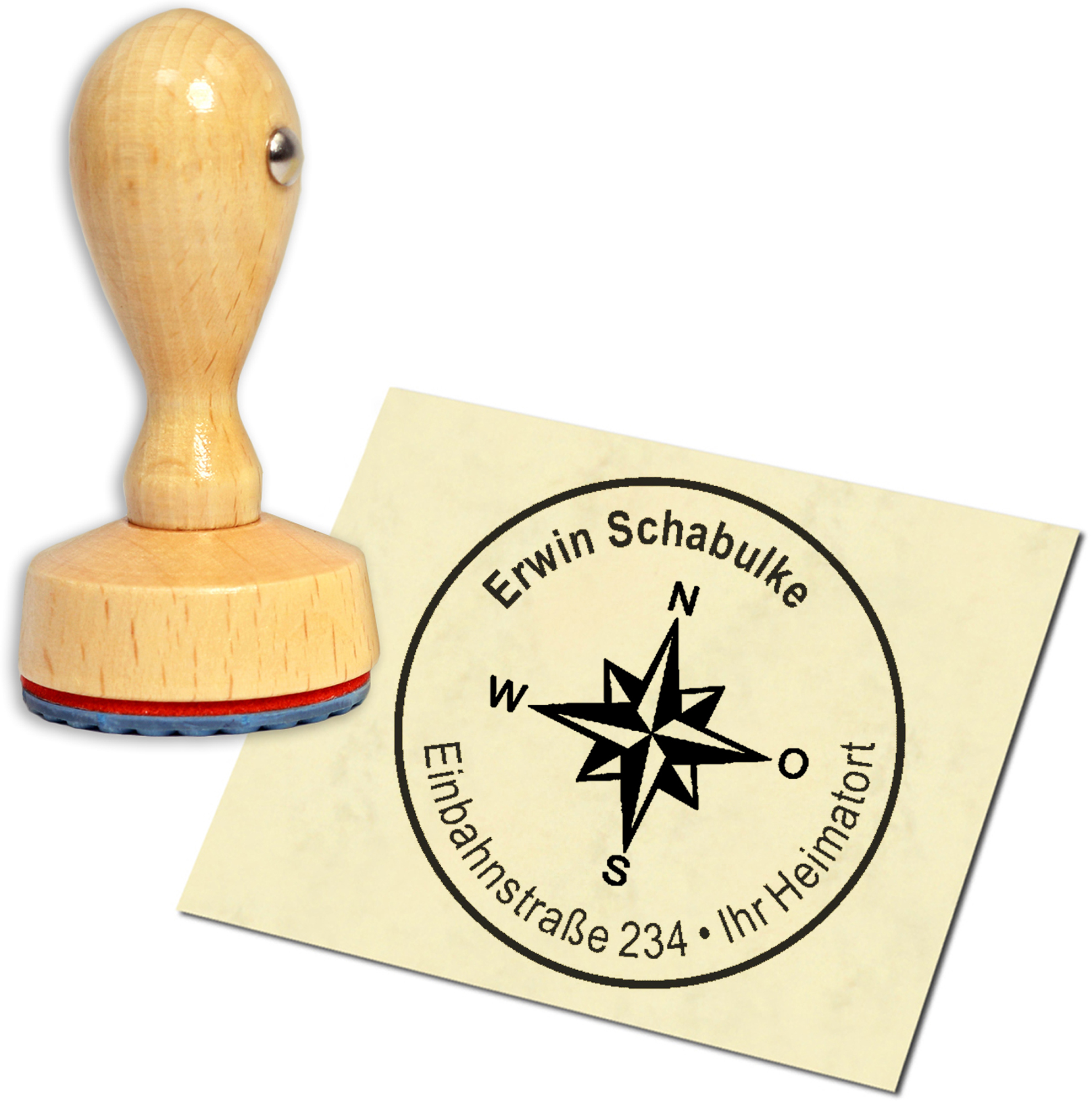 Stempel Adressstempel Holzstempel - Windrose - rund 40mm