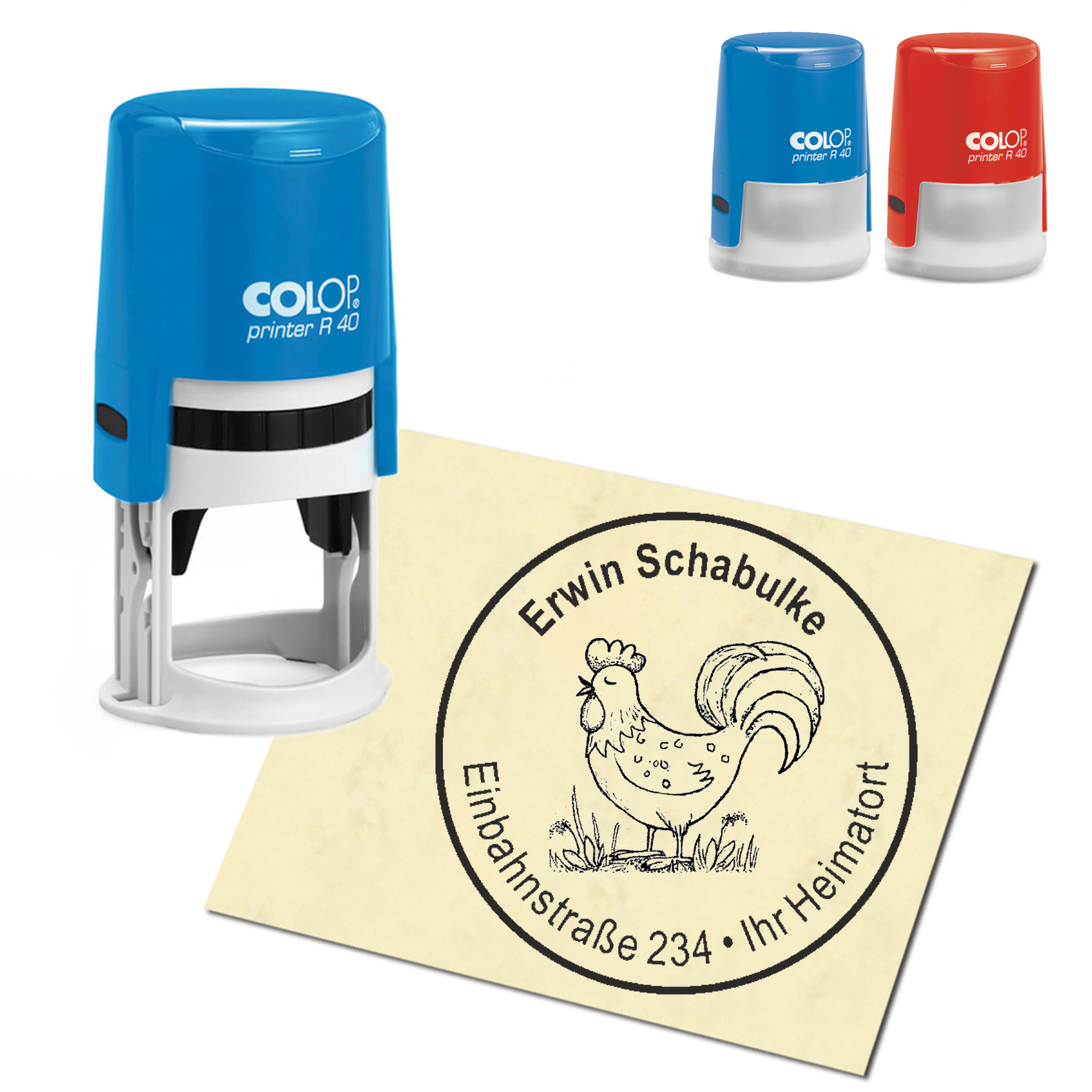 Stempel Adressstempel personalisiert - niedlicher Hahn - rund &empty; 40mm