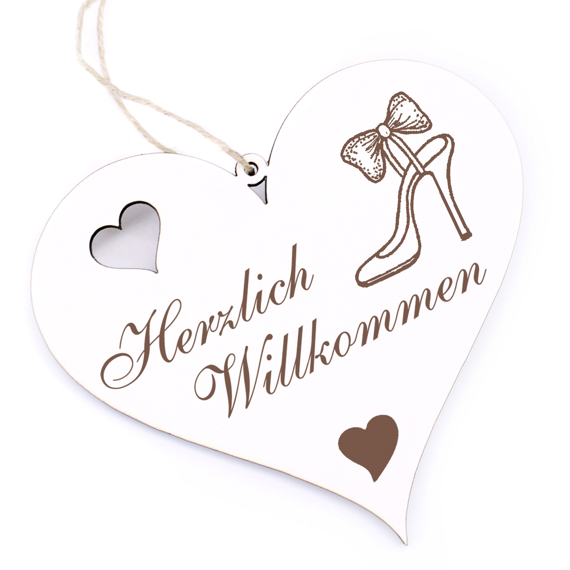 Herzlich Willkommen Schild - High Heels Schuh mit Schleife - Deko Herz Holz