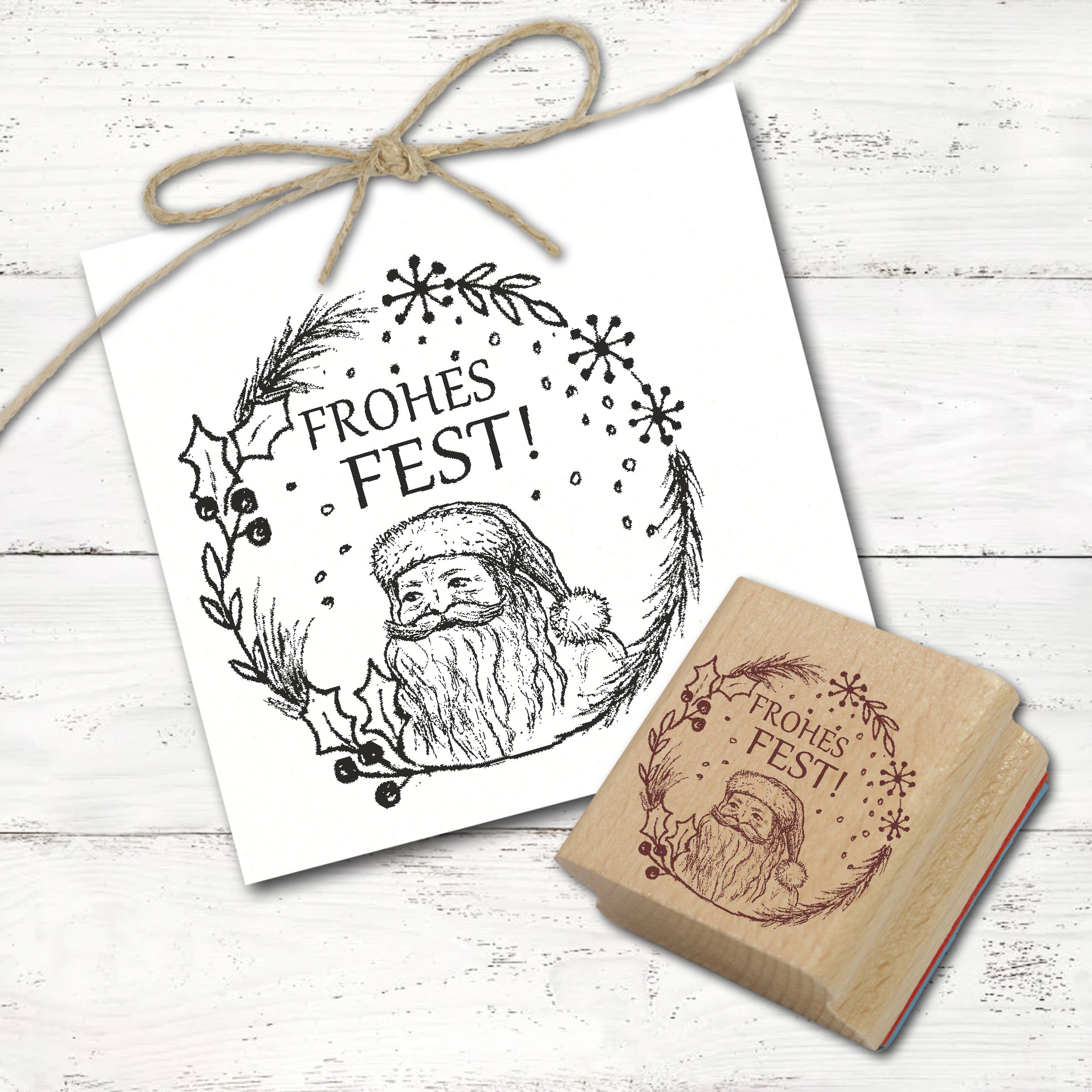 Motivstempel Weihnachtsmann Frohes Fest - Mistelzweig Stempel rund Holzstempel 48mm x 48mm