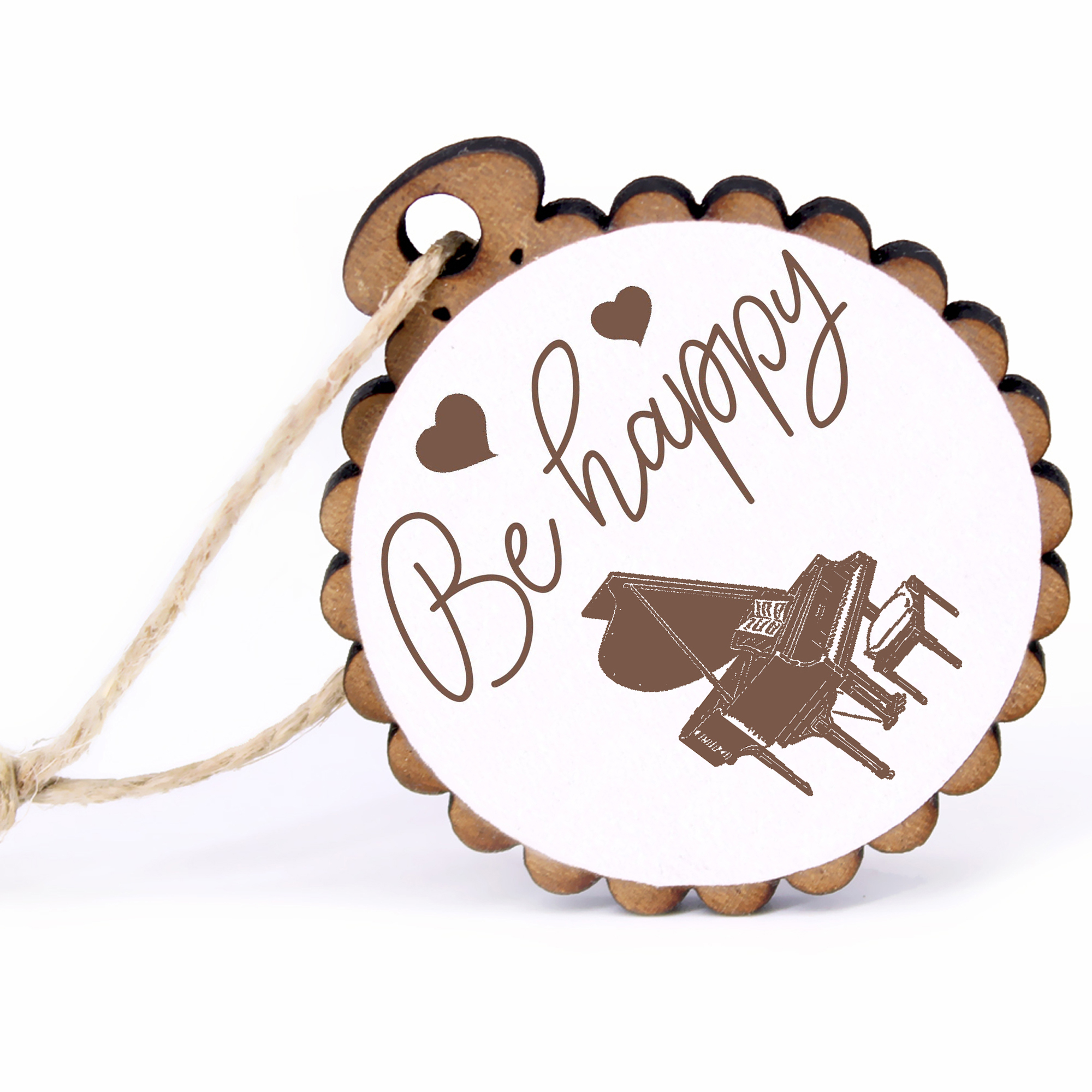 Geschenkanhänger - Be Happy Flügel -  Holz Ø-5cm - mit Juteband