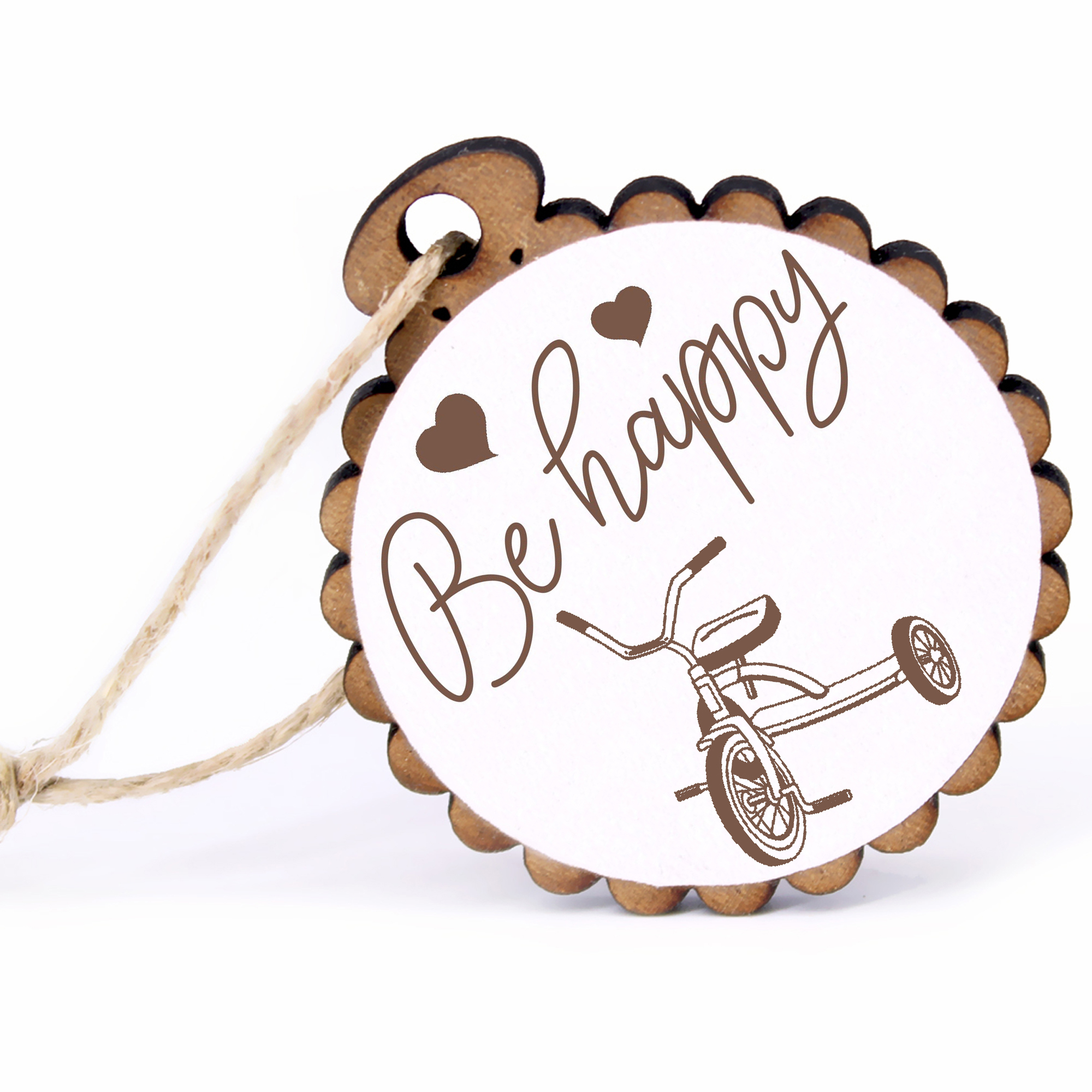 Geschenkanhänger - Be Happy Dreirad -  Holz Ø-5cm - mit Juteband