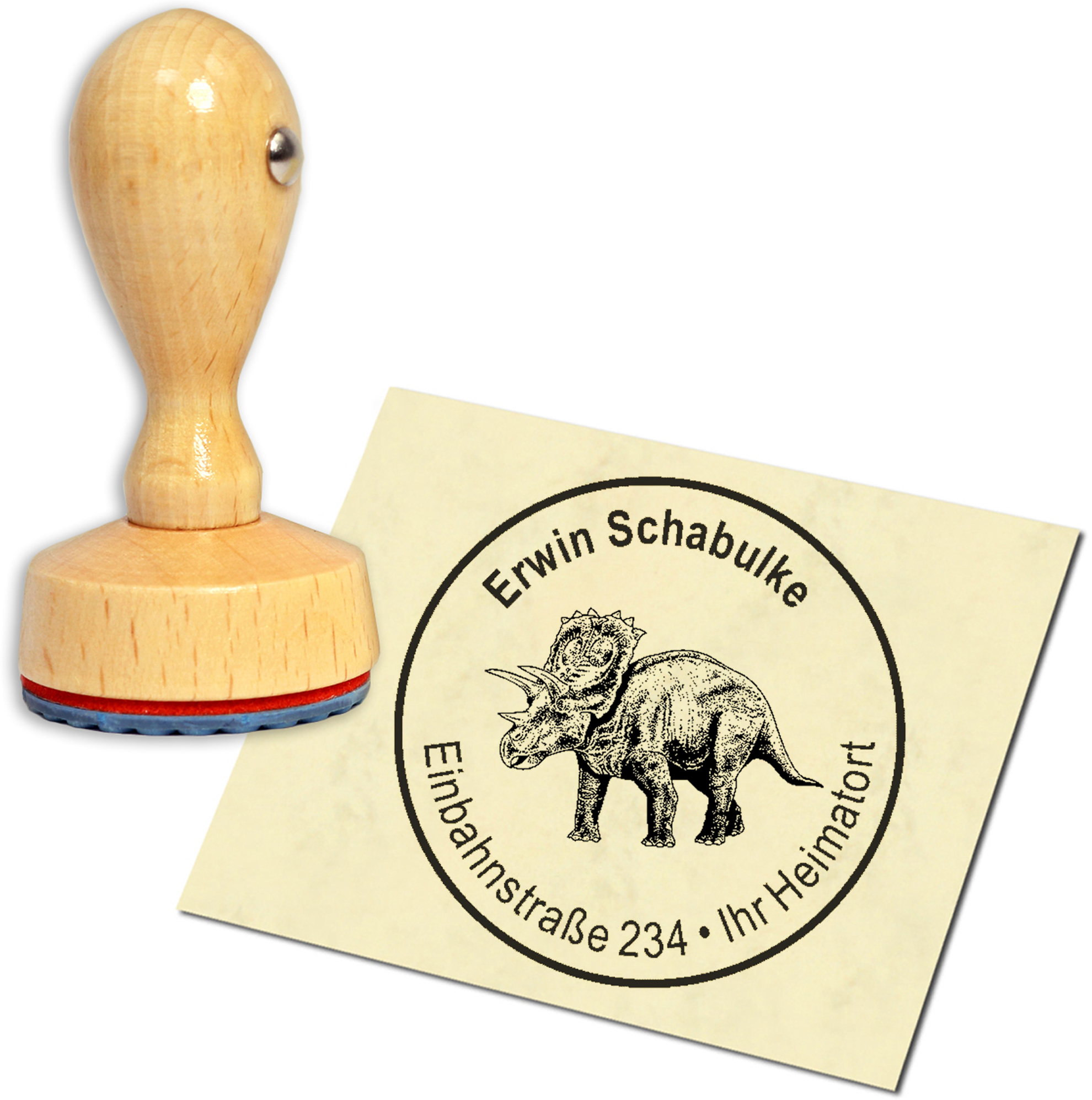 Stempel Adressstempel Holzstempel - Dinosaurier Trizeratops - rund 40mm