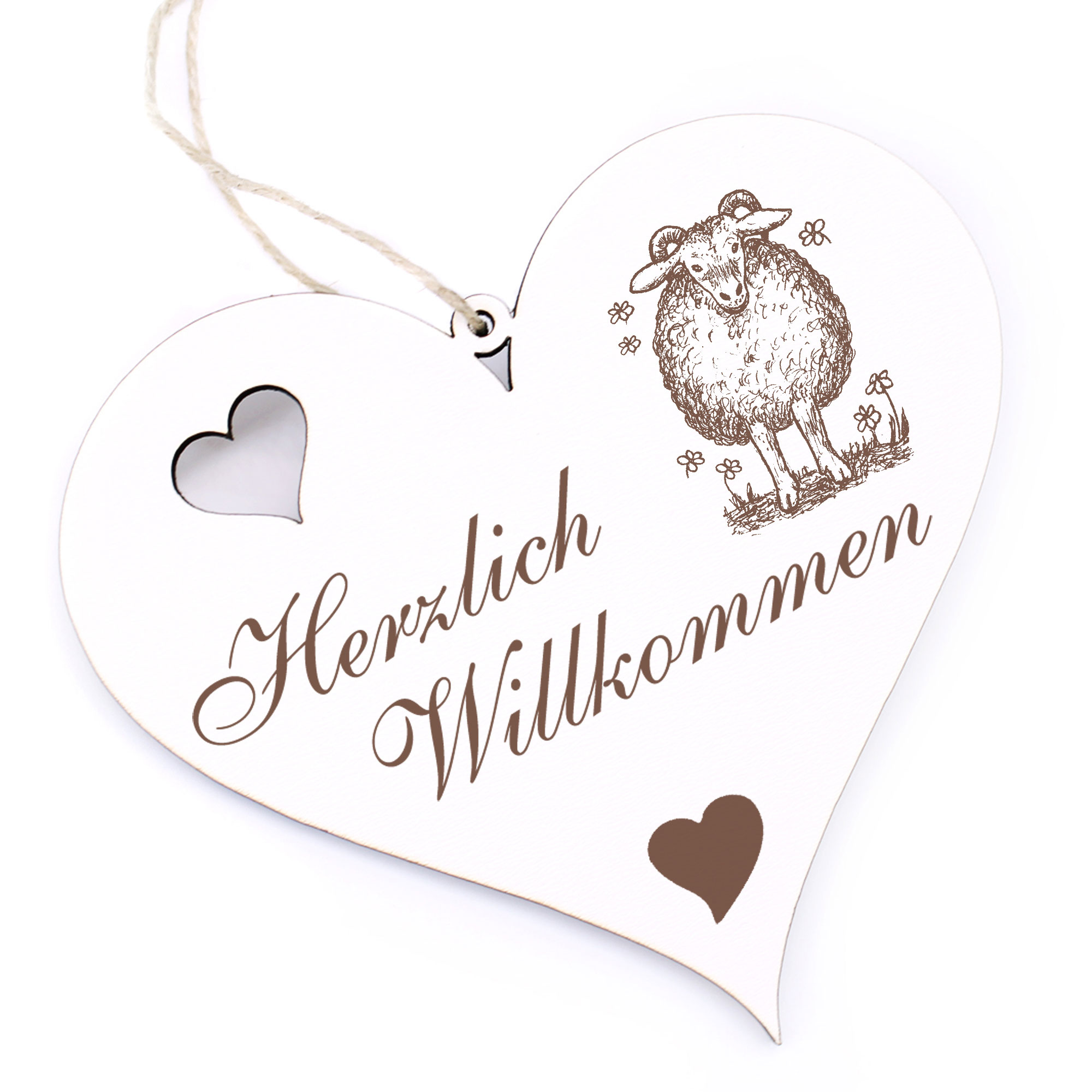 Herzlich Willkommen Schild - Schaf mit Blume - Deko Herz Holz