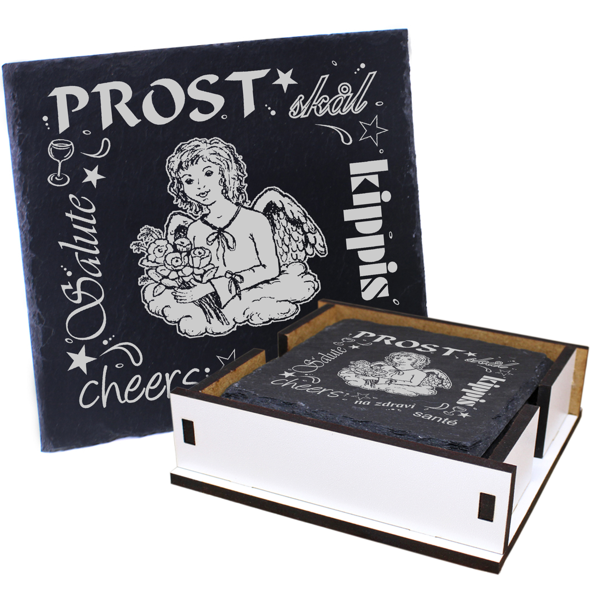 5 x Schiefer Untersetzer - Prost Engel Schutzengel - inkl. Holzbox & Flaschenuntersetzer