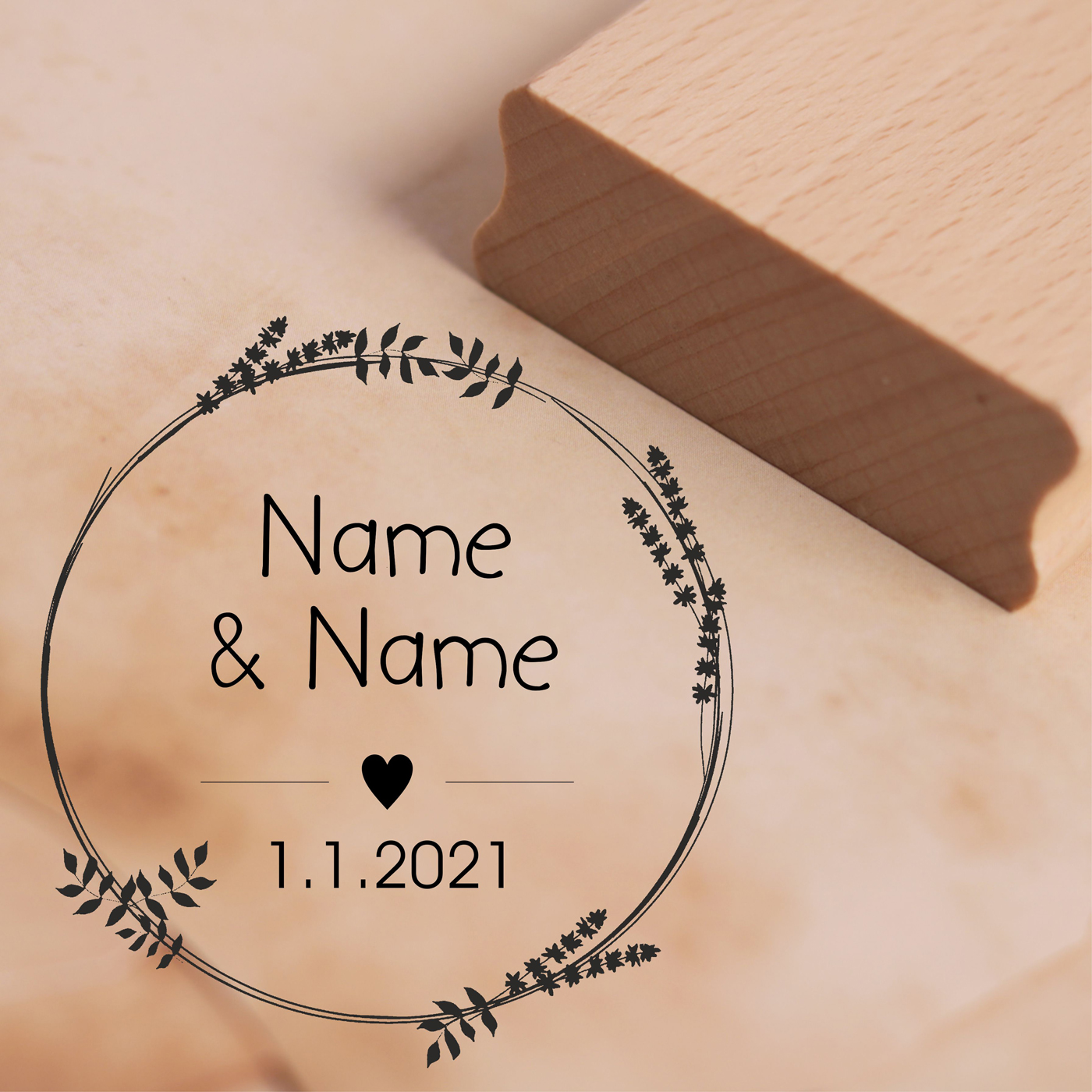 Motivstempel Vintage Kranz Hochzeit Namen + Datum Herz Stempel Hochzeitsstempel personalisiert