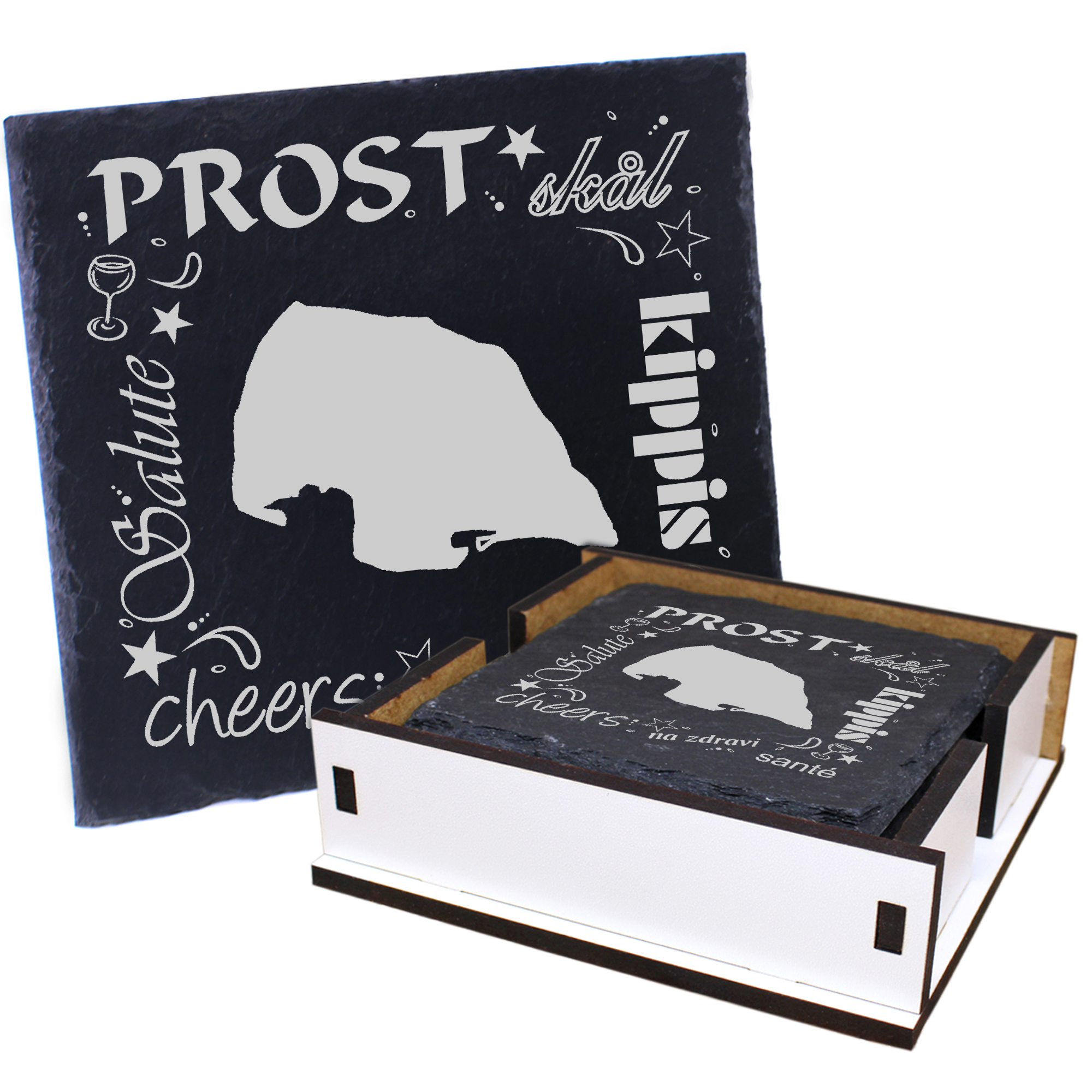 5 x Schiefer Untersetzer - Prost Insel Fehmarn - inkl. Holzbox & Flaschenuntersetzer