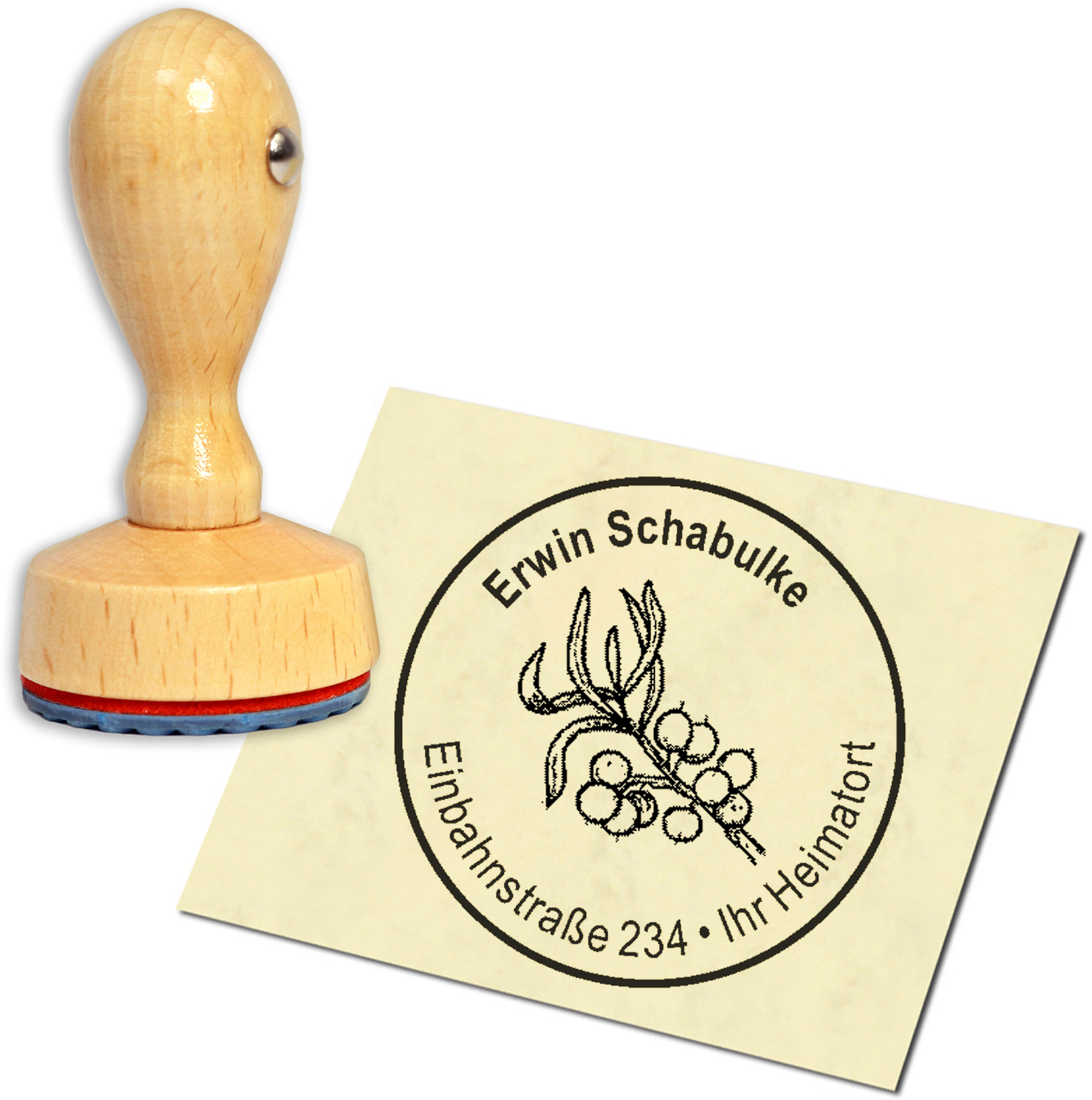 Stempel Adressstempel Holzstempel - Sanddorn - rund 40mm