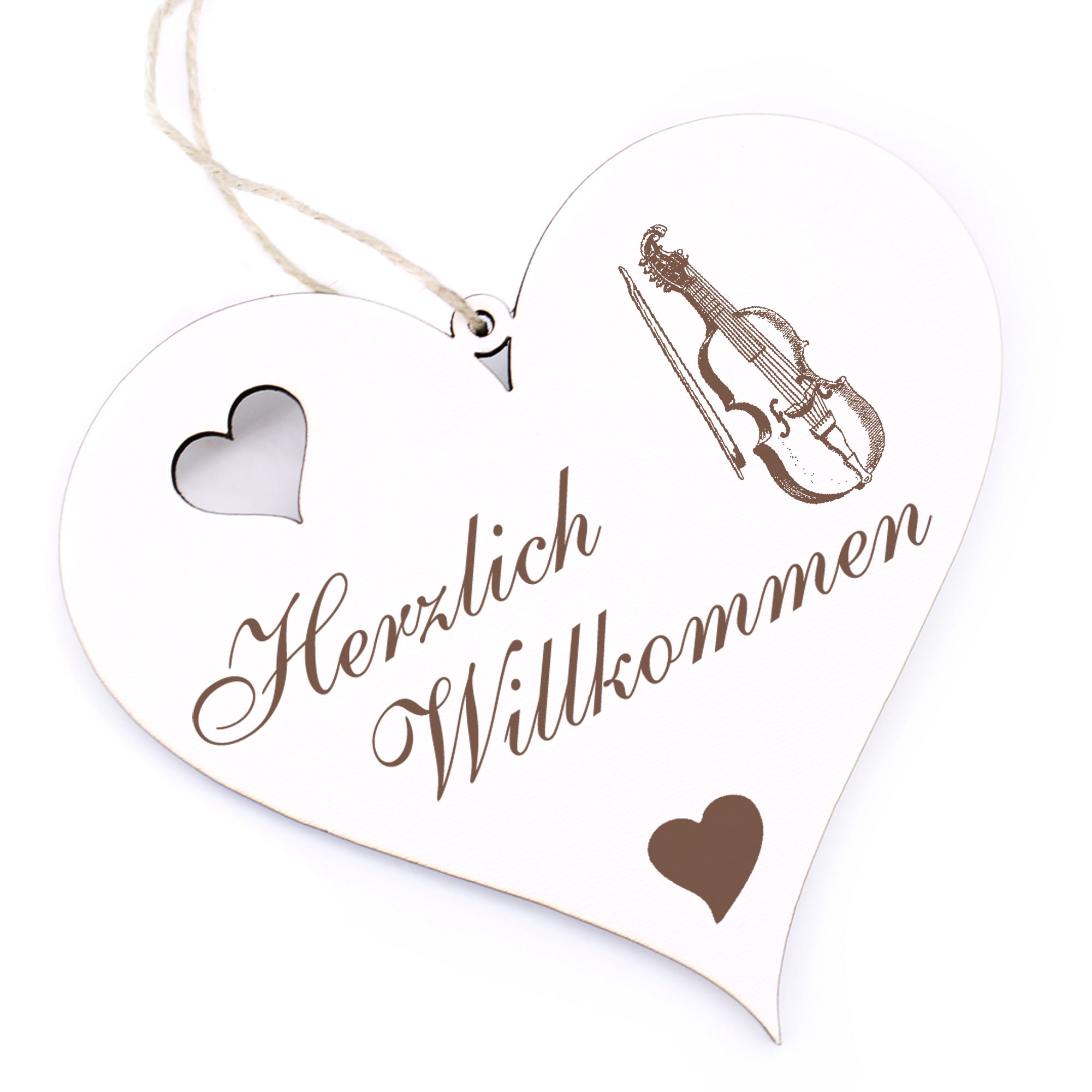 Herzlich Willkommen Schild - Geige - Deko Herz Holz