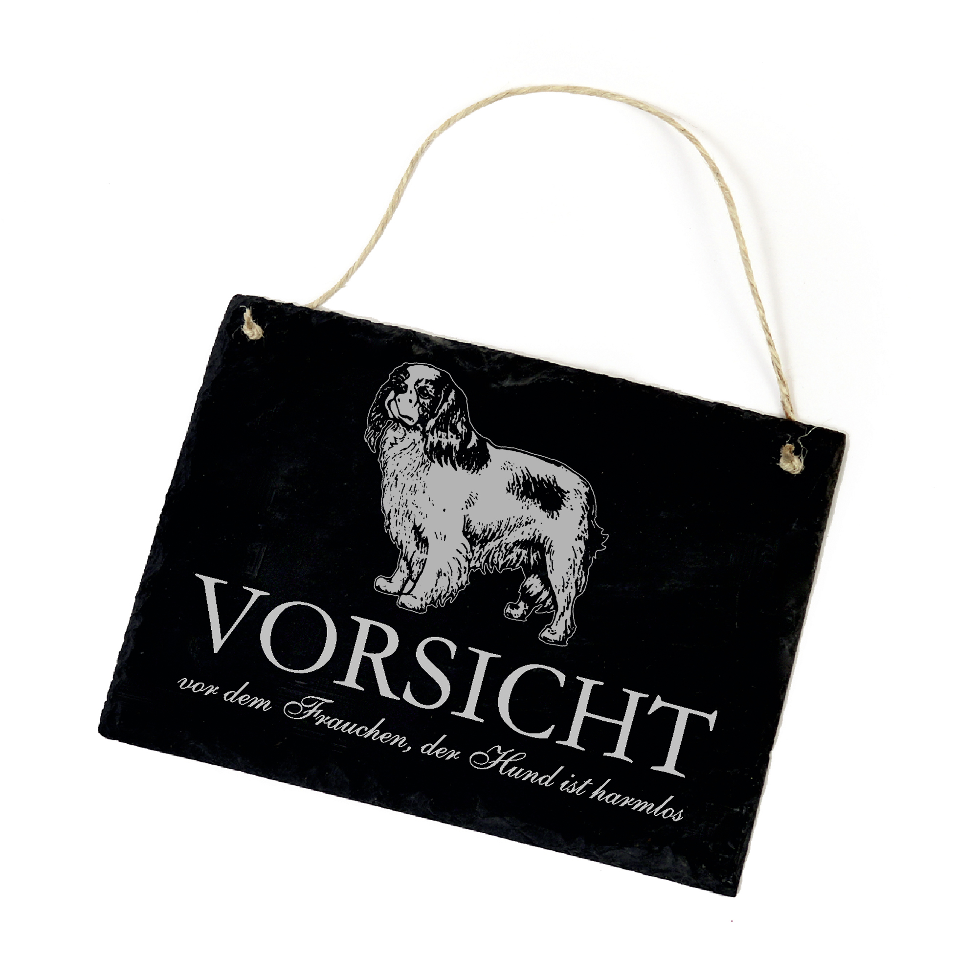 Hundeschild Cavalier King Charles Spaniel Schild aus Schiefer - Vorsicht vor dem Frauchen - 22cm x 1