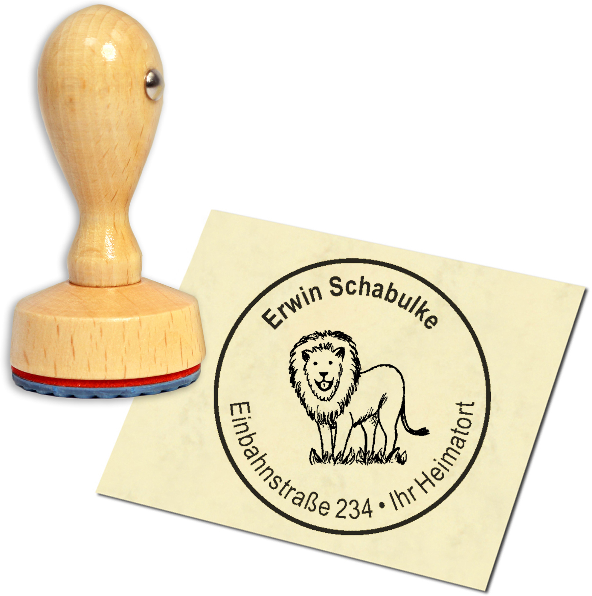 Stempel Adressstempel Holzstempel - niedlicher Löwe - rund 40mm