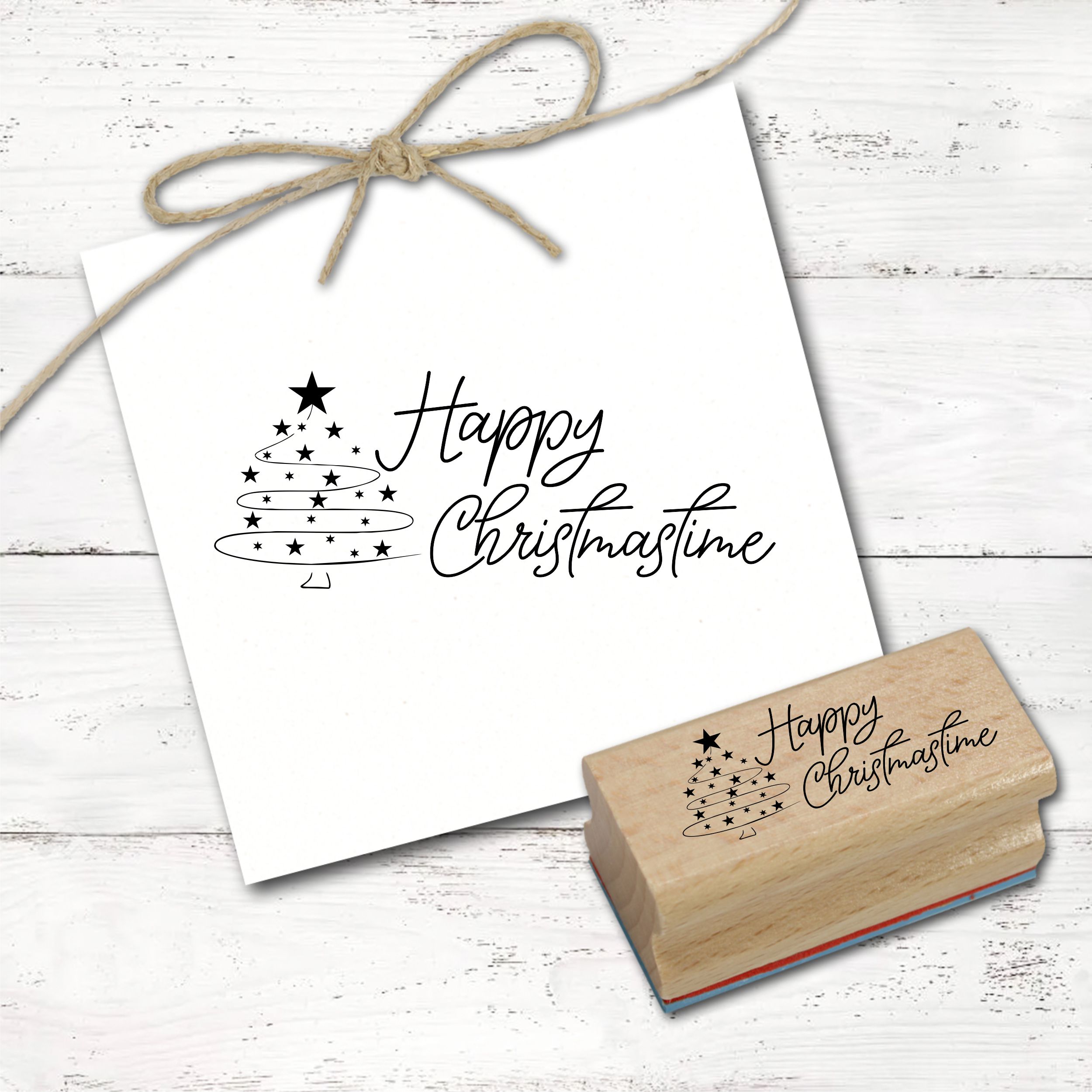 Motivstempel Happy Christmastime - Weihnachtsstempel Stempel Tannenbaum Holzstempel 98 mm x 38 mm