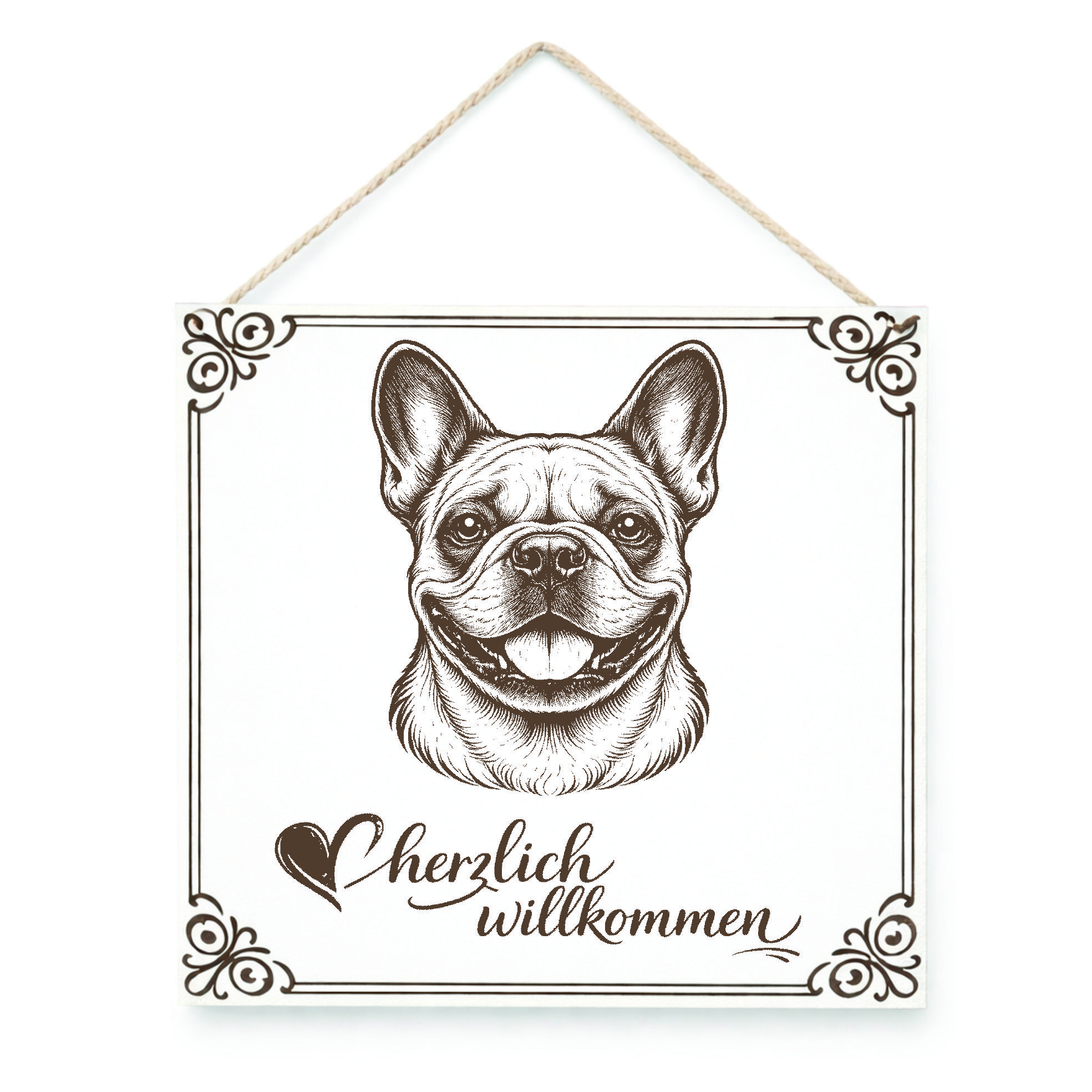 Hund Willkommensschild Französische Bulldogge – Türschild Herzlich Willkommen  – Dekoschild Haustür 15×15 cm