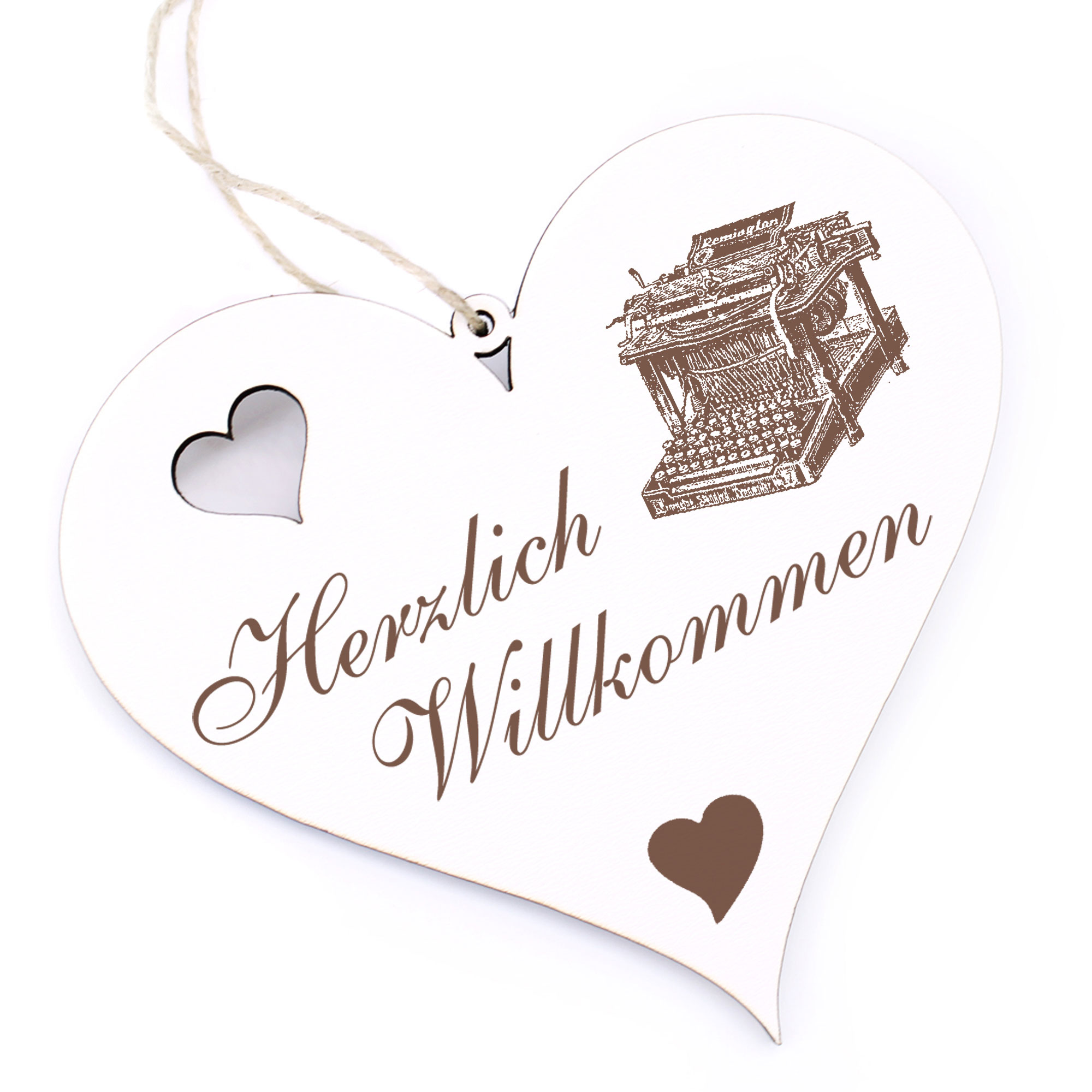 Herzlich Willkommen Schild - Schreibmaschine - Deko Herz Holz