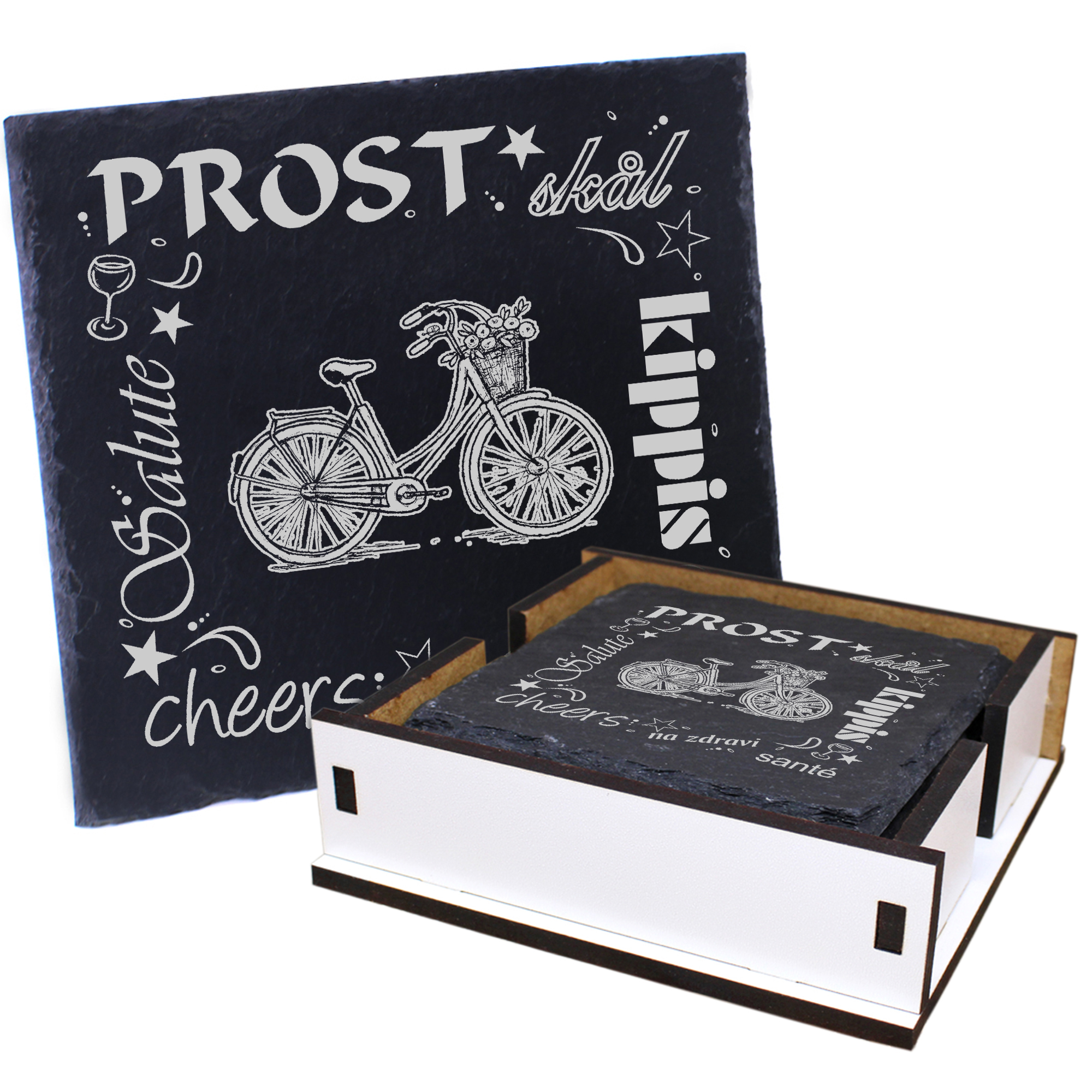 5 x Schiefer Untersetzer - Prost Fahrrad mit Korb - inkl. Holzbox & Flaschenuntersetzer