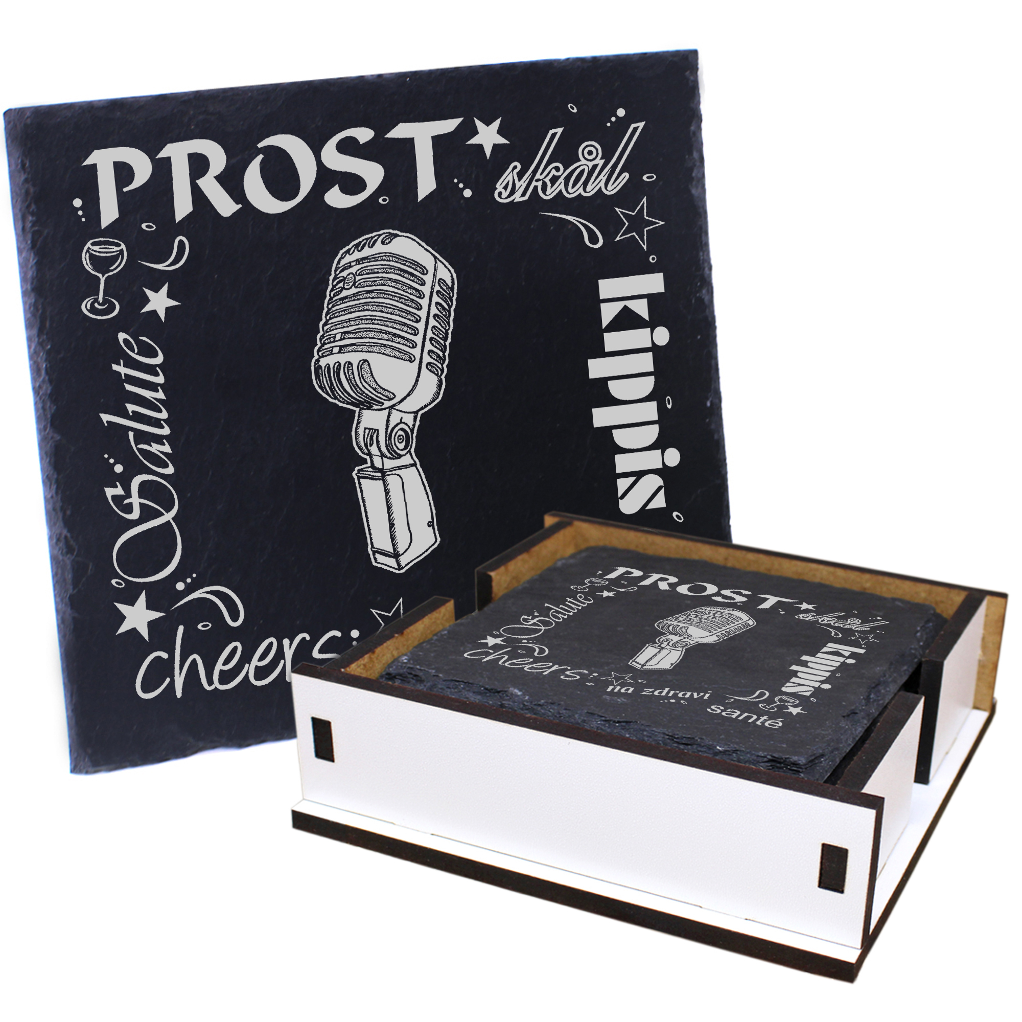5 x Schiefer Untersetzer - Prost Mikrofon - inkl. Holzbox & Flaschenuntersetzer