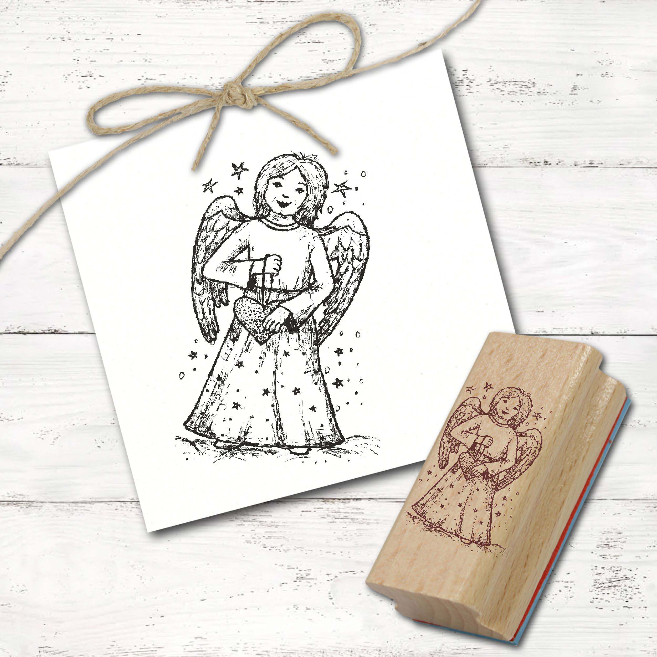 Motivstempel Engel mit Herz und Sterne - Stempel Holzstempel 38 mm x 58 mm