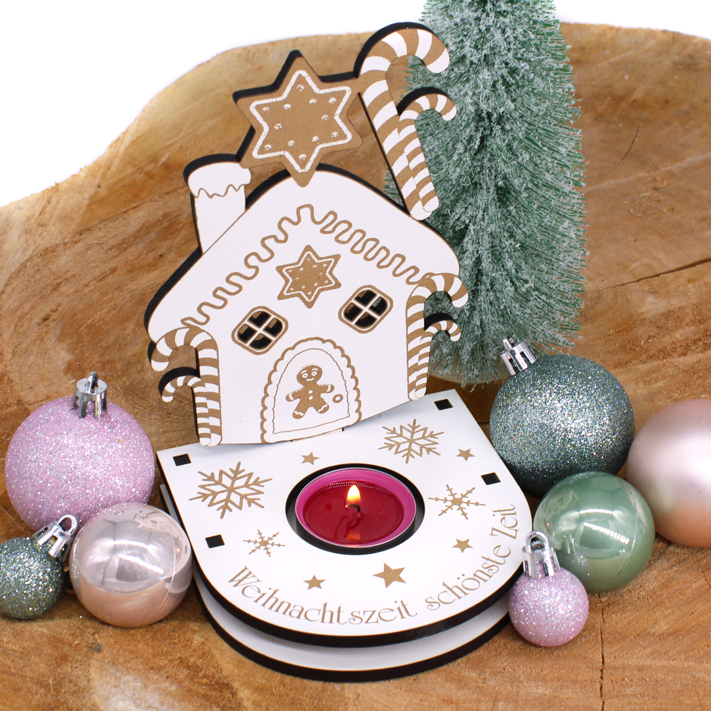 Teelichthalter Weihnachten Lebkuchenhaus mit Gravur Weihnachtszeit schönste Zeit