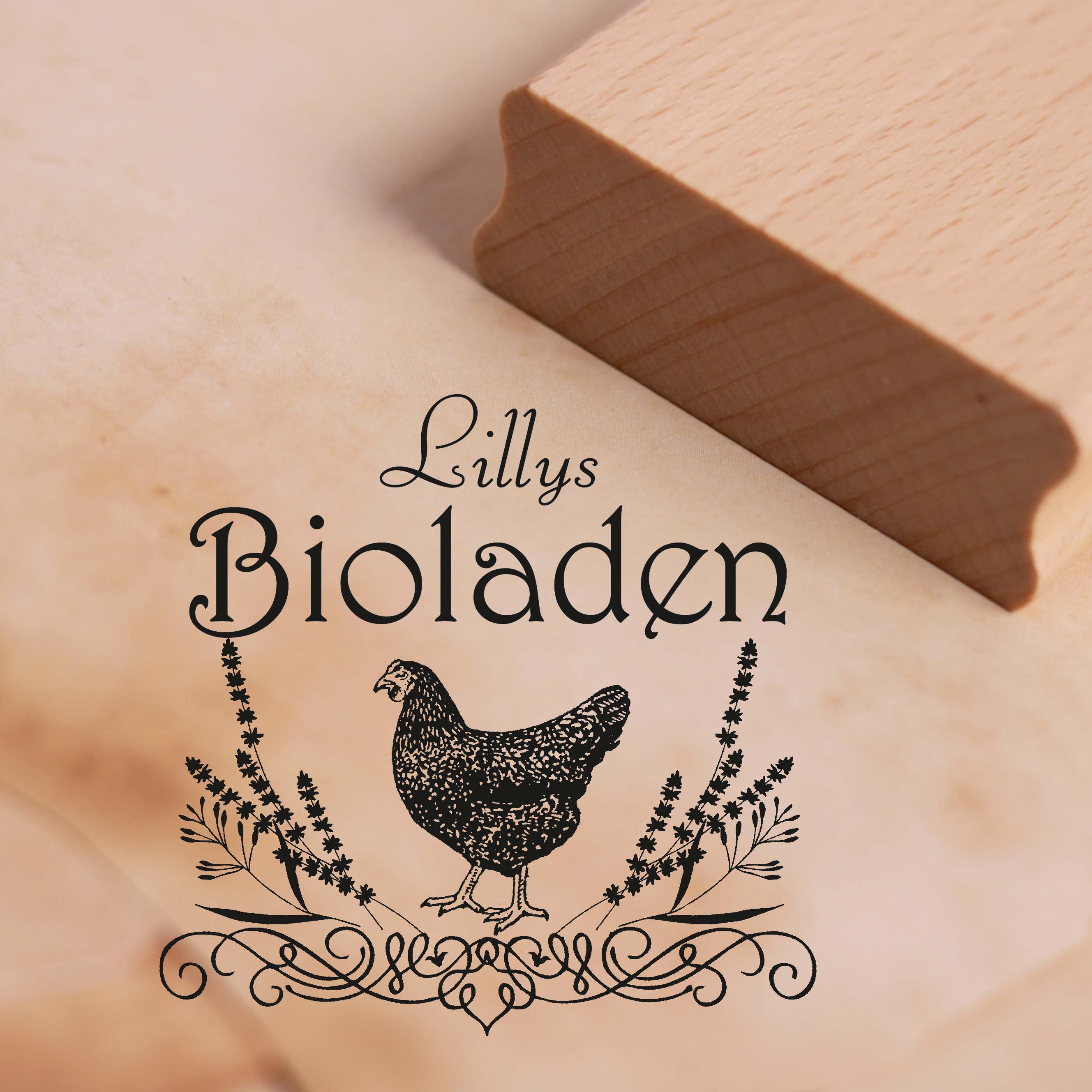 Stempel personalisiert Bioladen mit Name - Motiv Huhn Vintage Ornament - Motivstempel 68x68mm